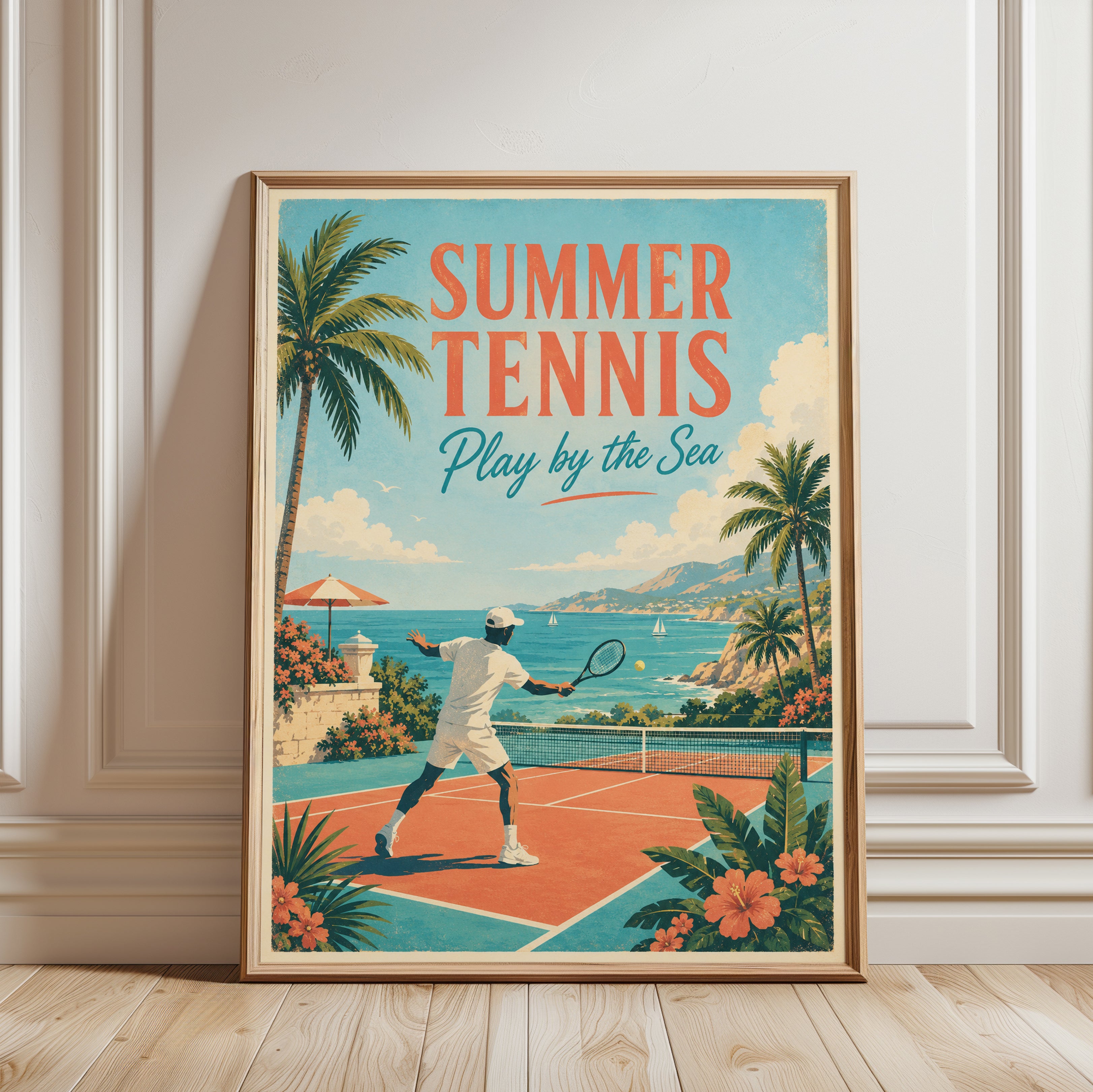 Summer Tennis Poster: Vintage Coastal Sports Wall Art - framed detail