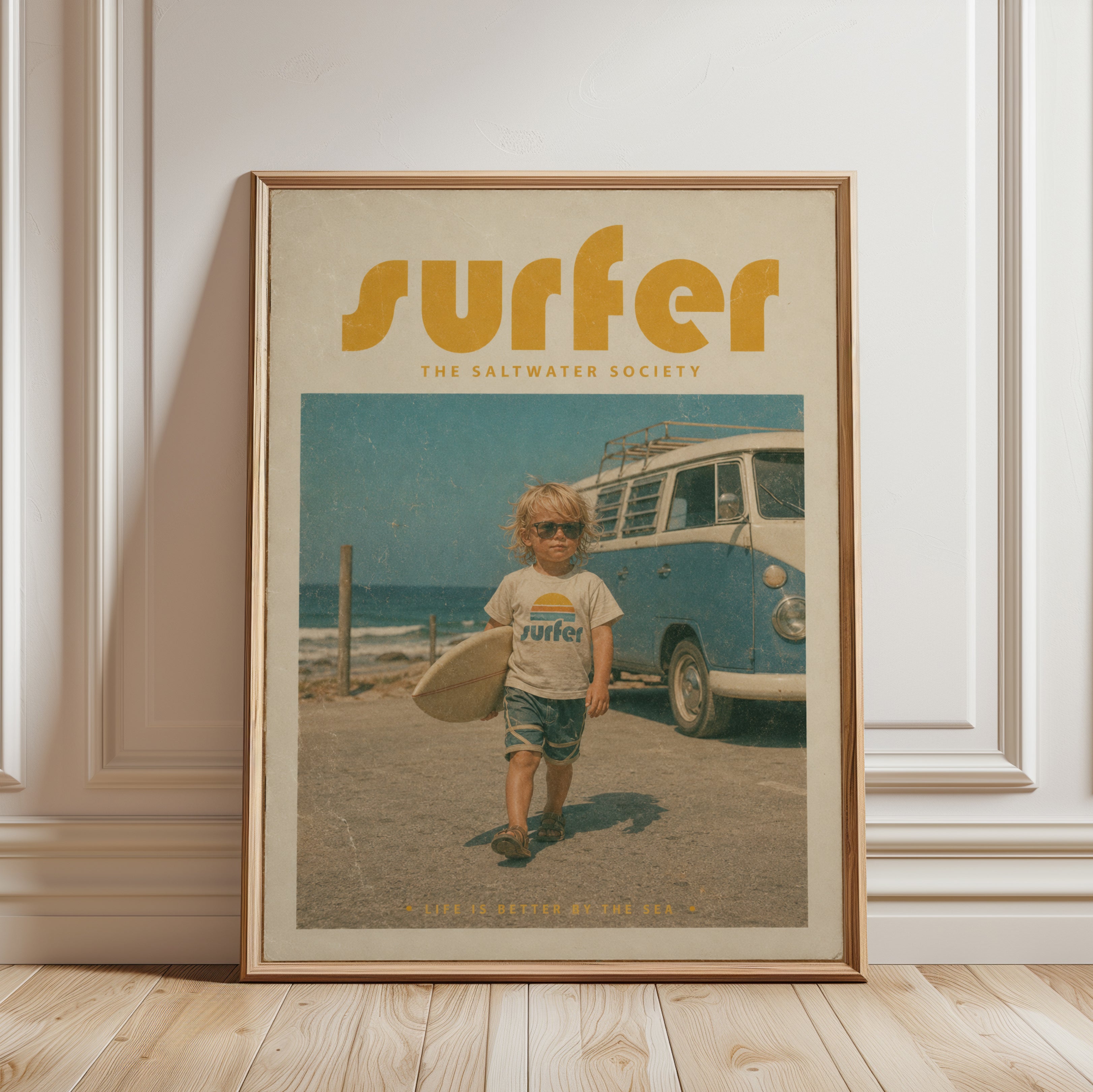 Retro Surfer Kid Poster: Vintage Beach Van Wall Art - framed detail