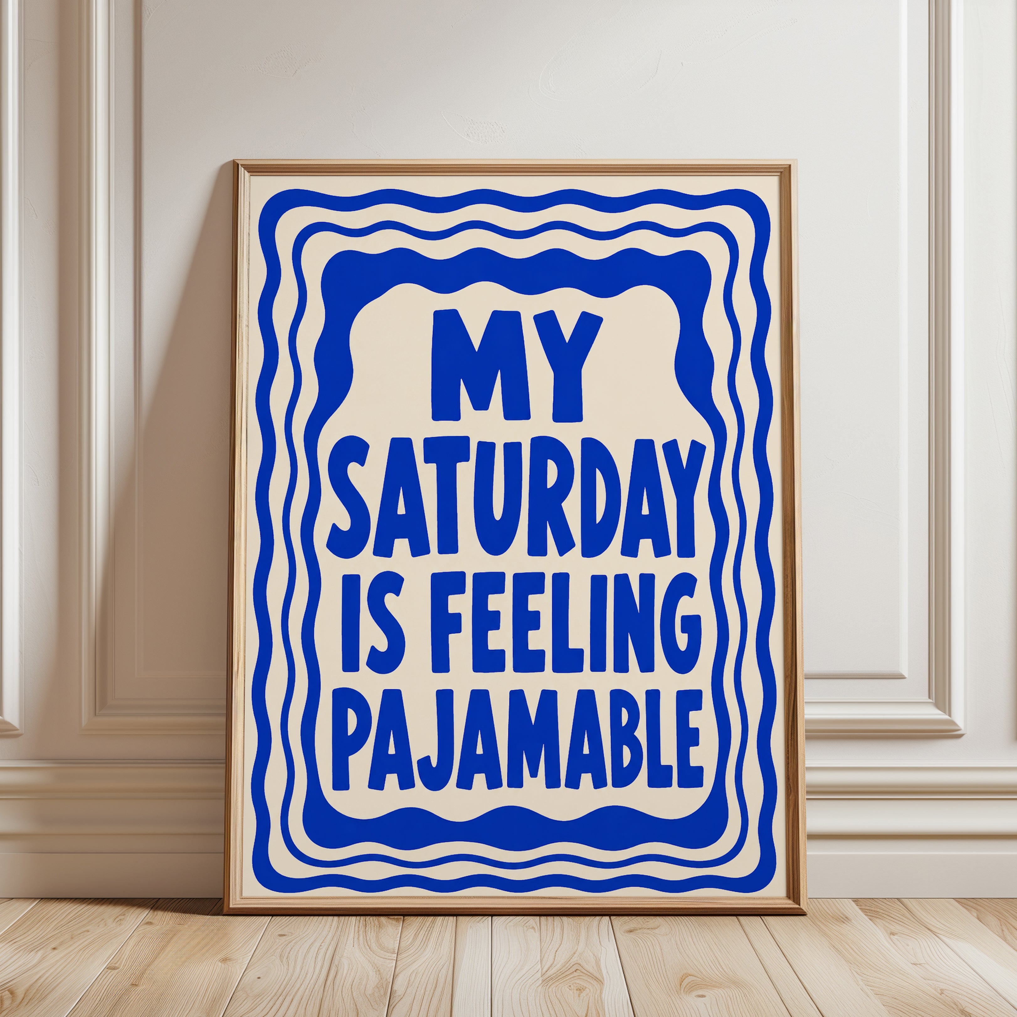 Saturday Pajamable Print: Bold Blue Retro Typography Wall Art - framed detail