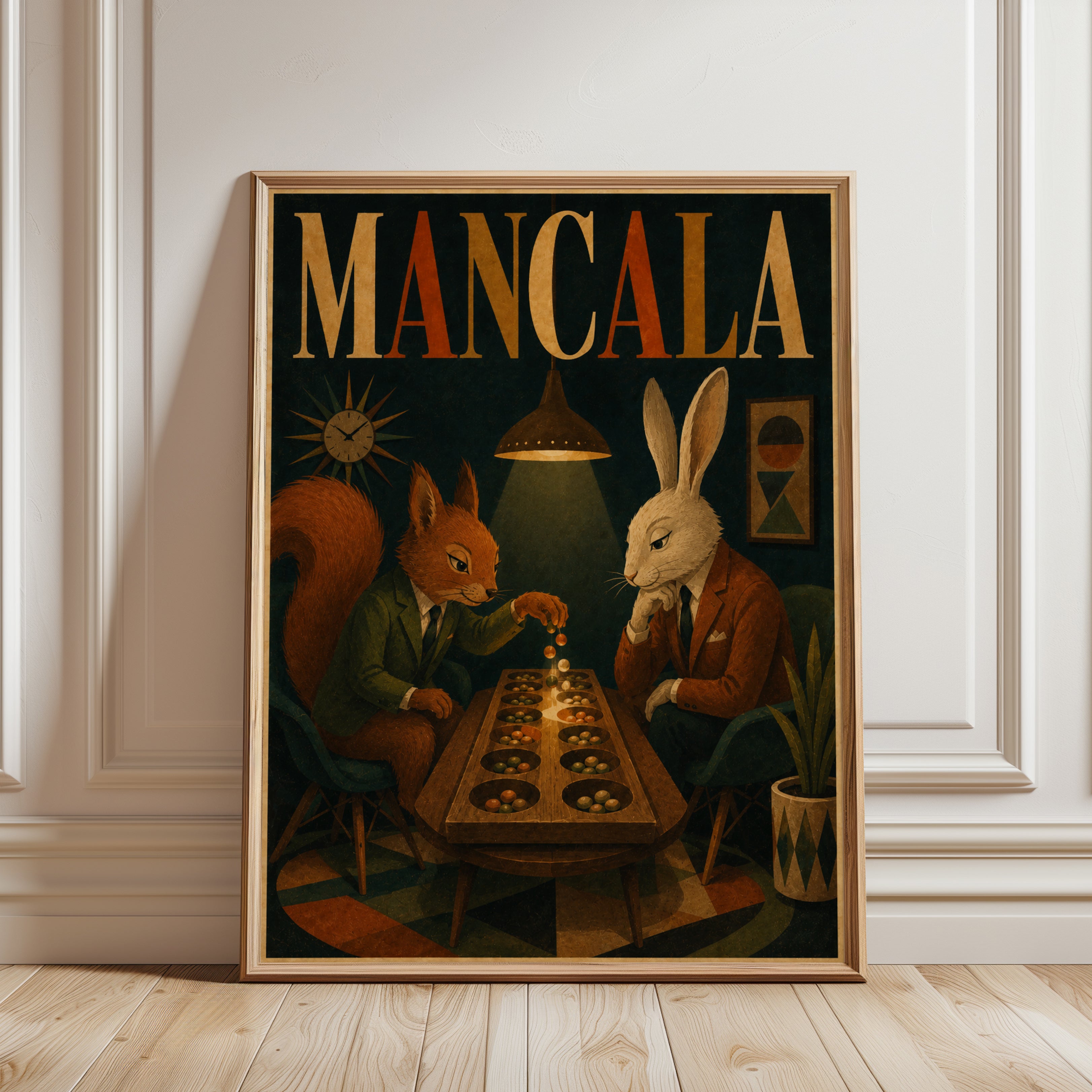 Mancala Game Print: Vintage Anthropomorphic Animals Wall Art - framed detail