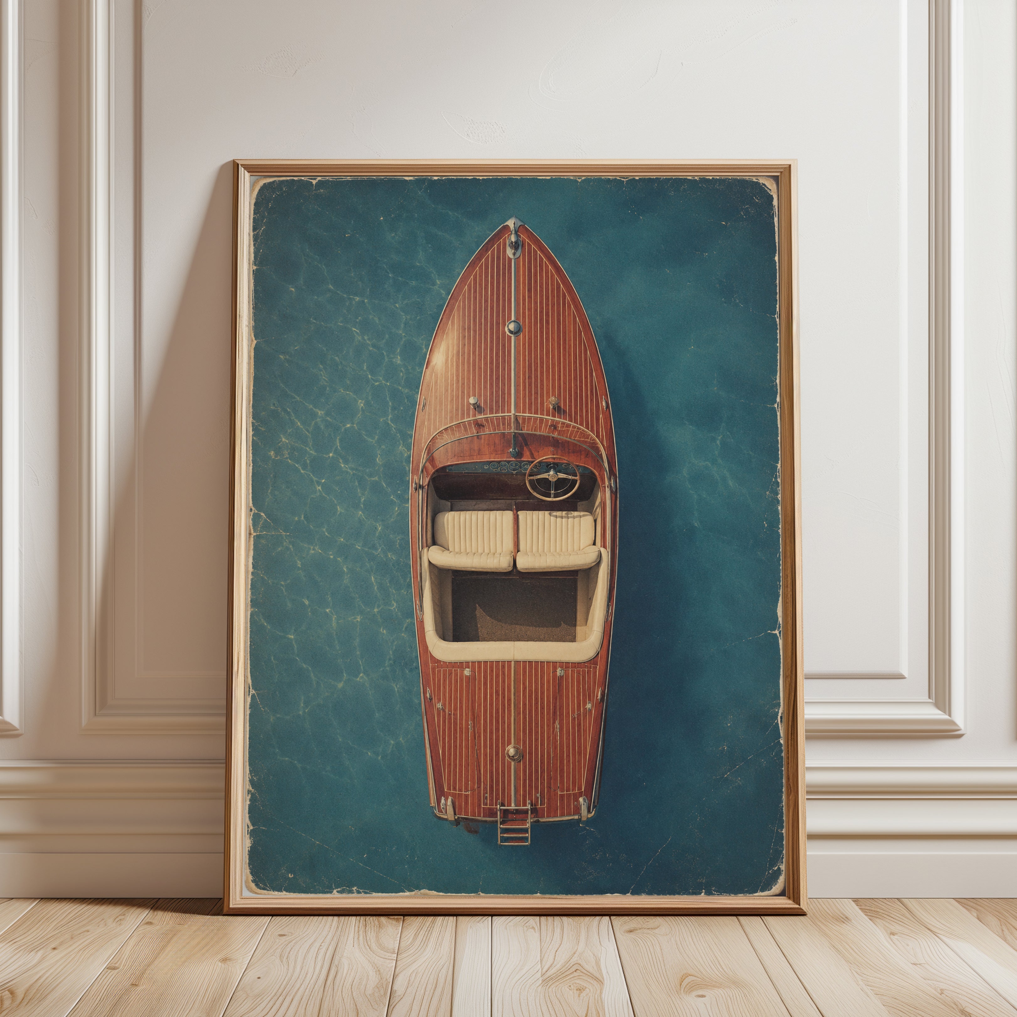 Vintage Boat Wall Art – Aerial View Print - framed detail