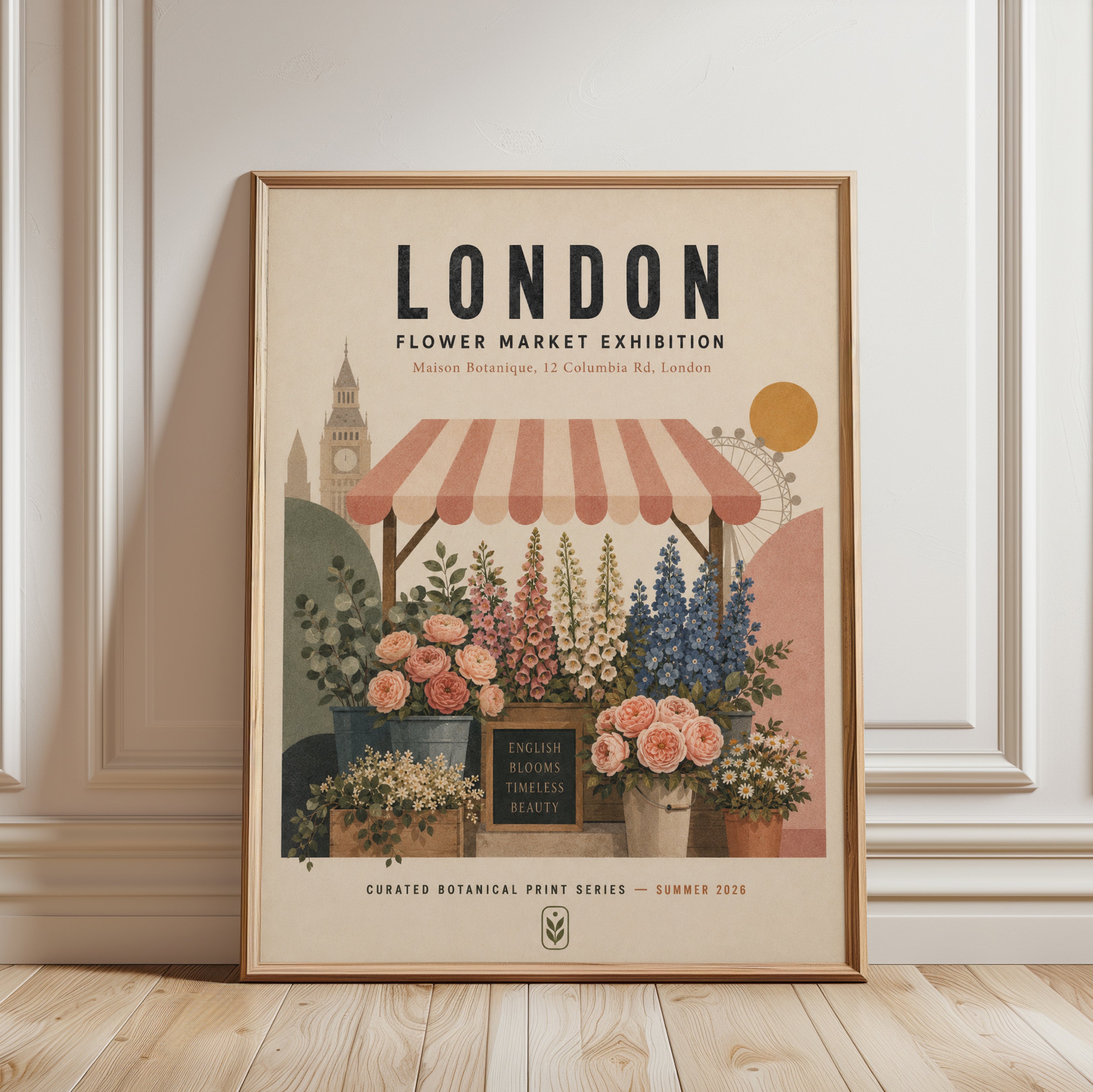 London Flower Market Print — Vintage Botanical Travel Poster - framed detail