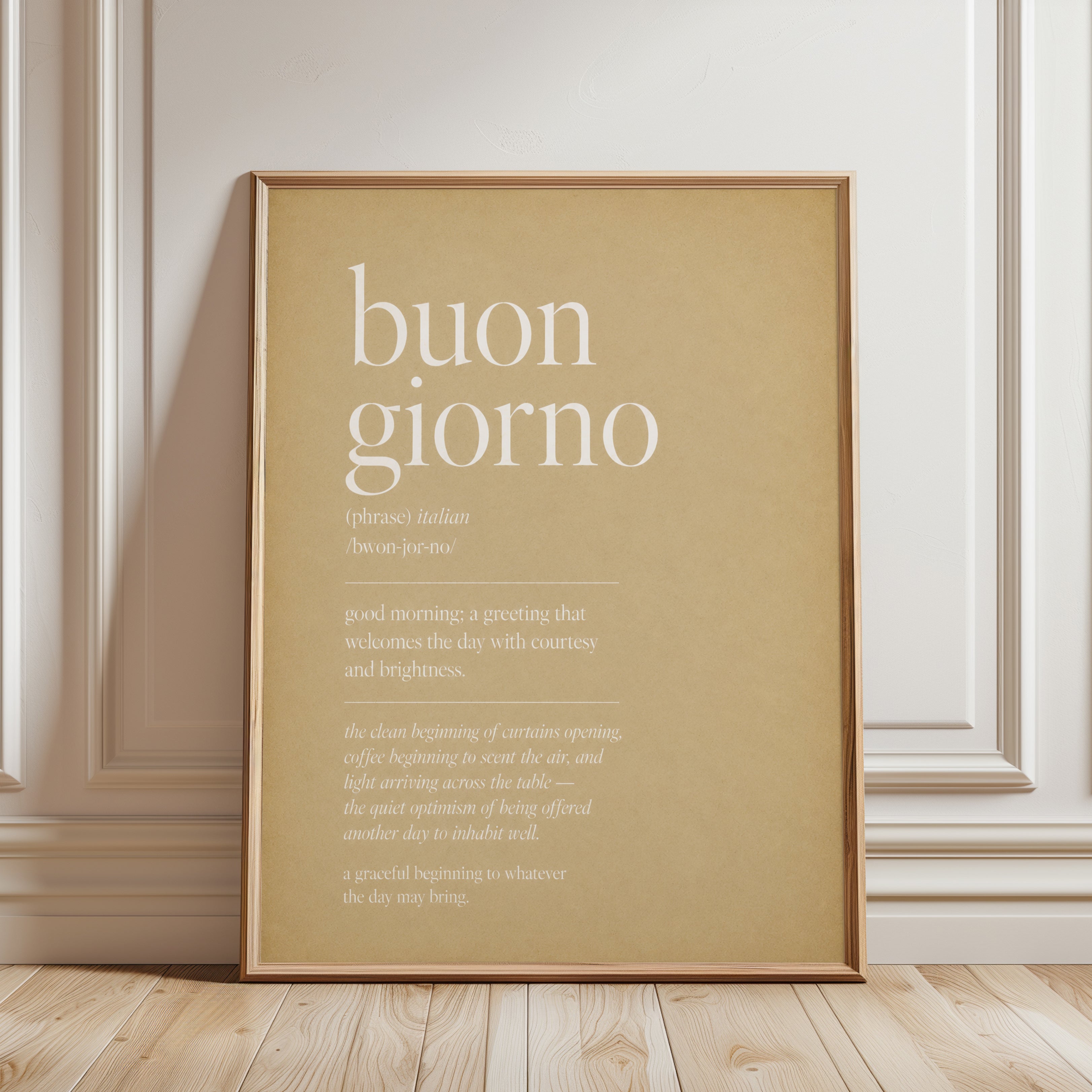 Buon Giorno Typography Print: Italian Phrase Art (Minimalist Design) - framed detail
