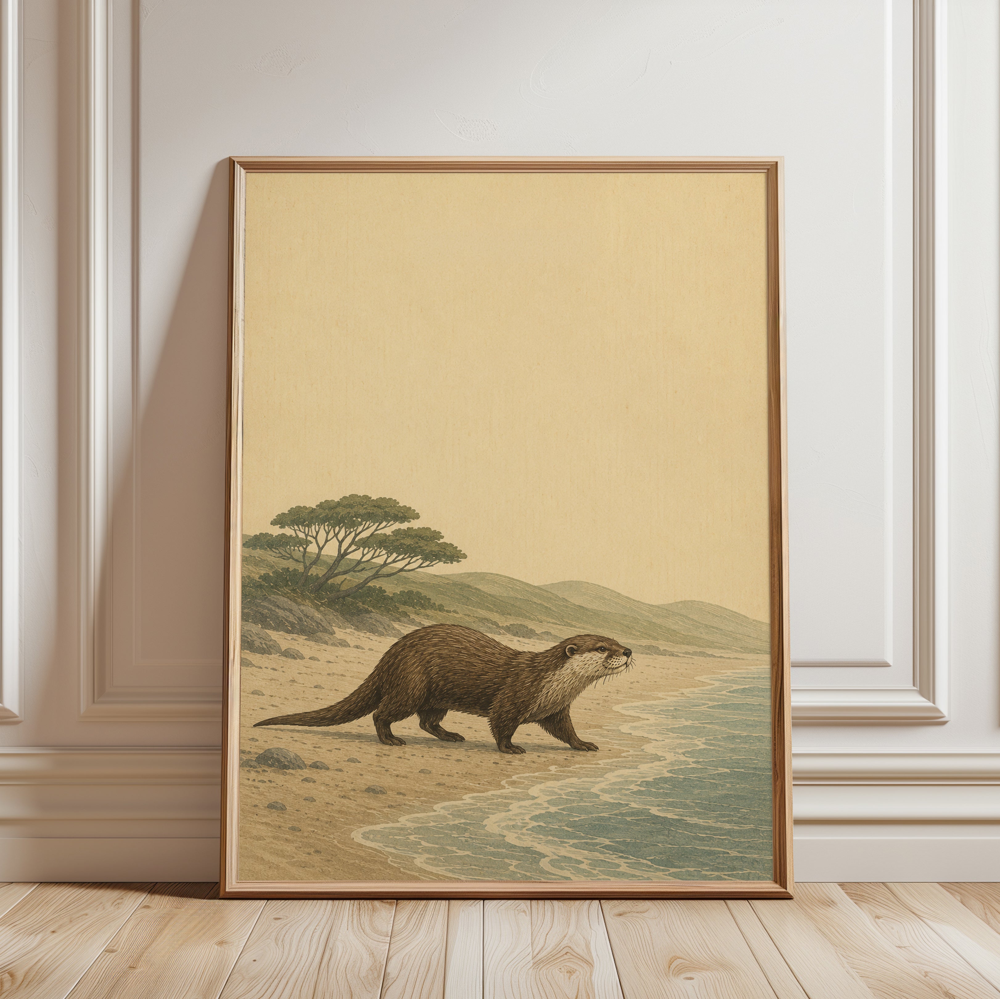 Vintage Otter Wall Art – Coastal Landscape Print - framed detail