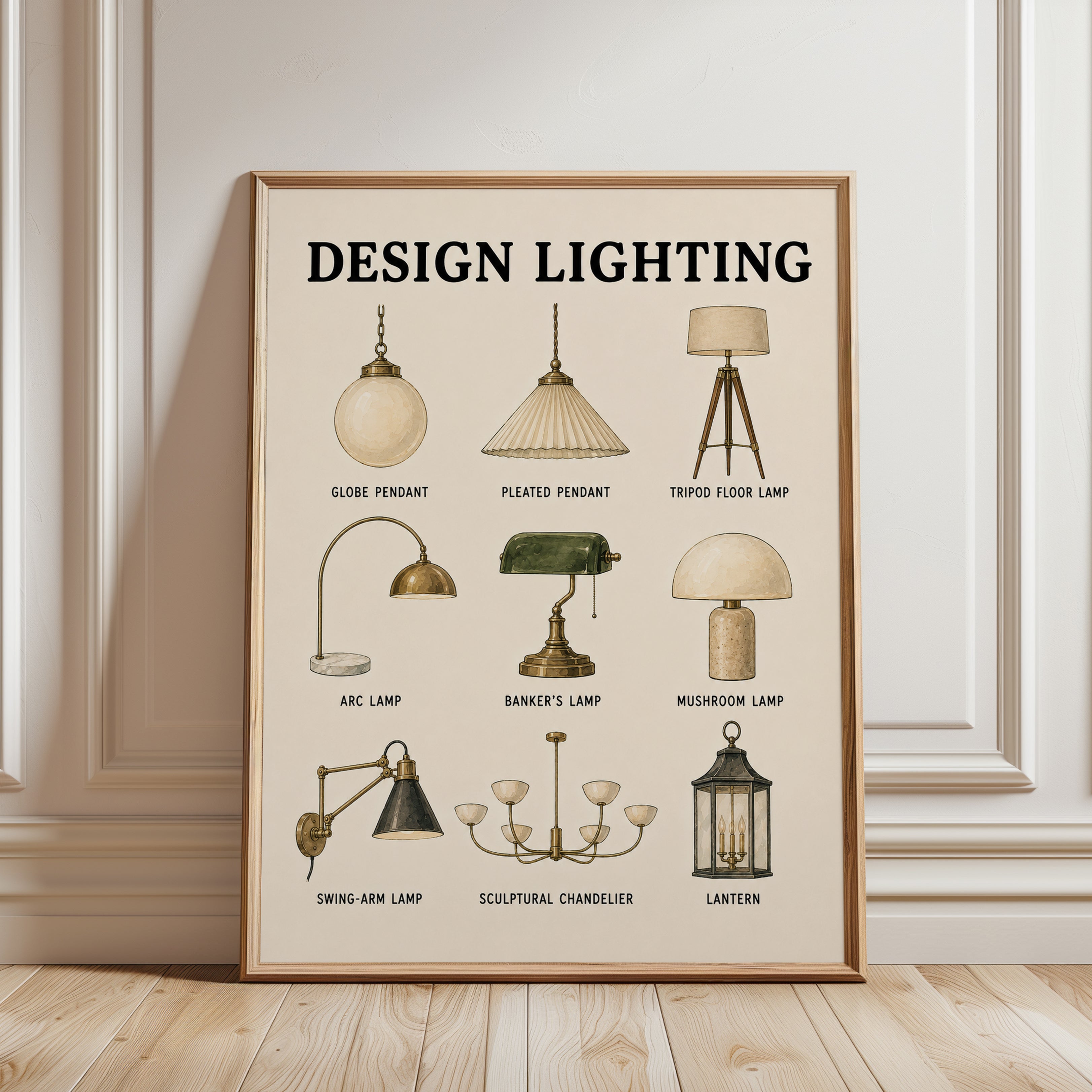 Lighting Design Chart: Vintage Lamp Illustrations (Mid-Century Style) - framed detail