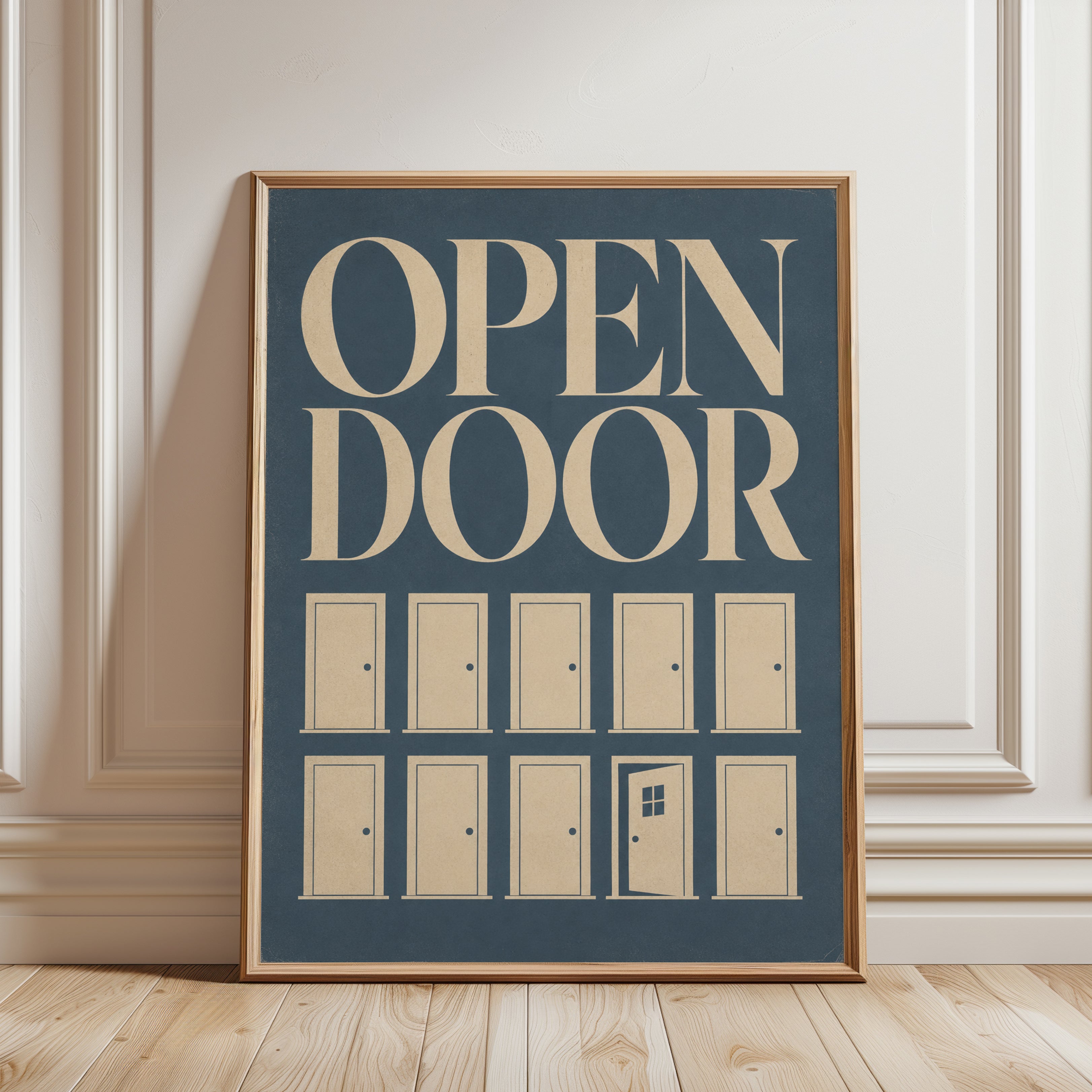 Open Door Typography Print: Minimalist Mid-Century Modern Art - framed detail