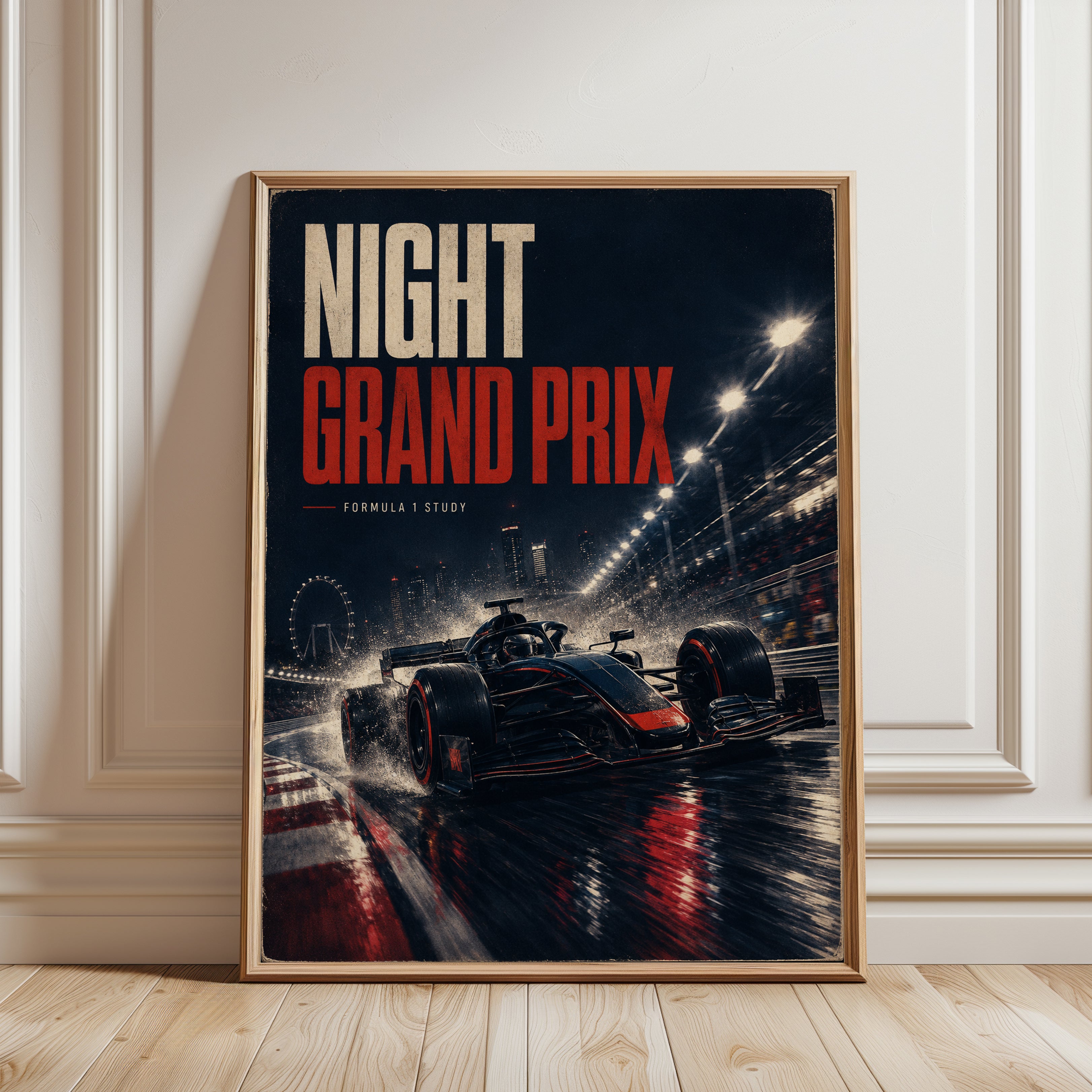 Night Grand Prix Art Print: Formula 1 Racing Through City Streets - framed detail