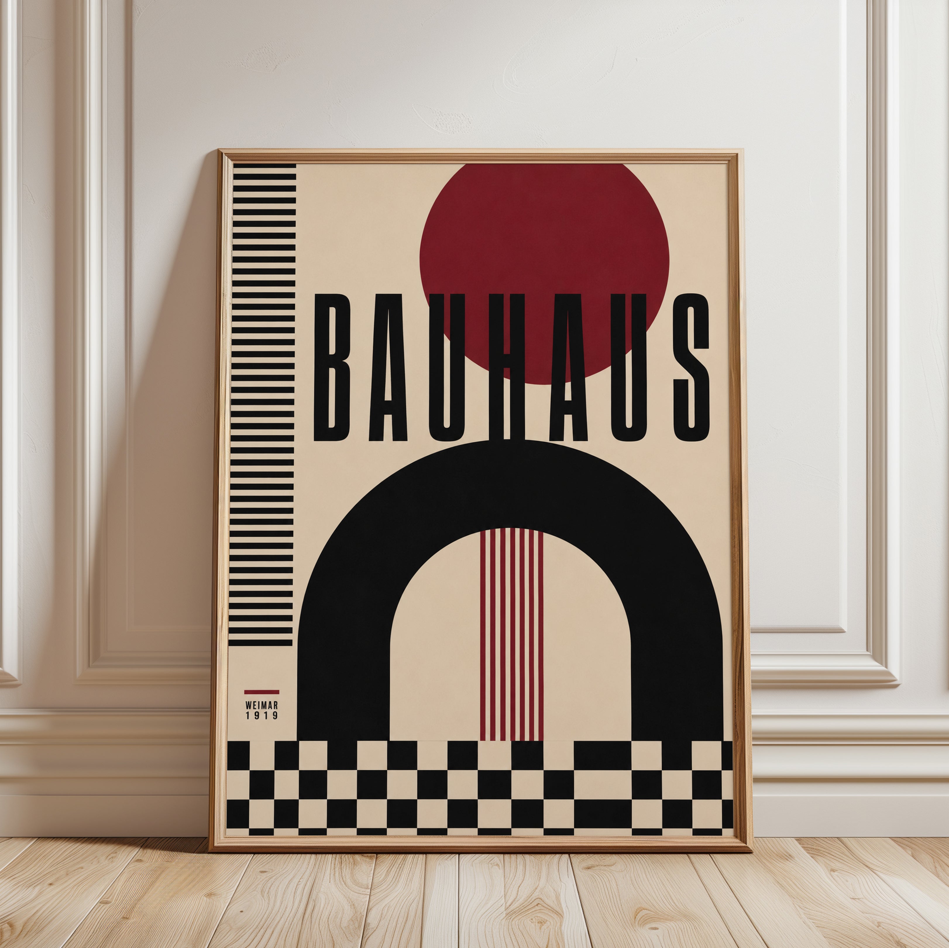 Bauhaus Wall Art Print – Bold Shapes with Red - framed detail