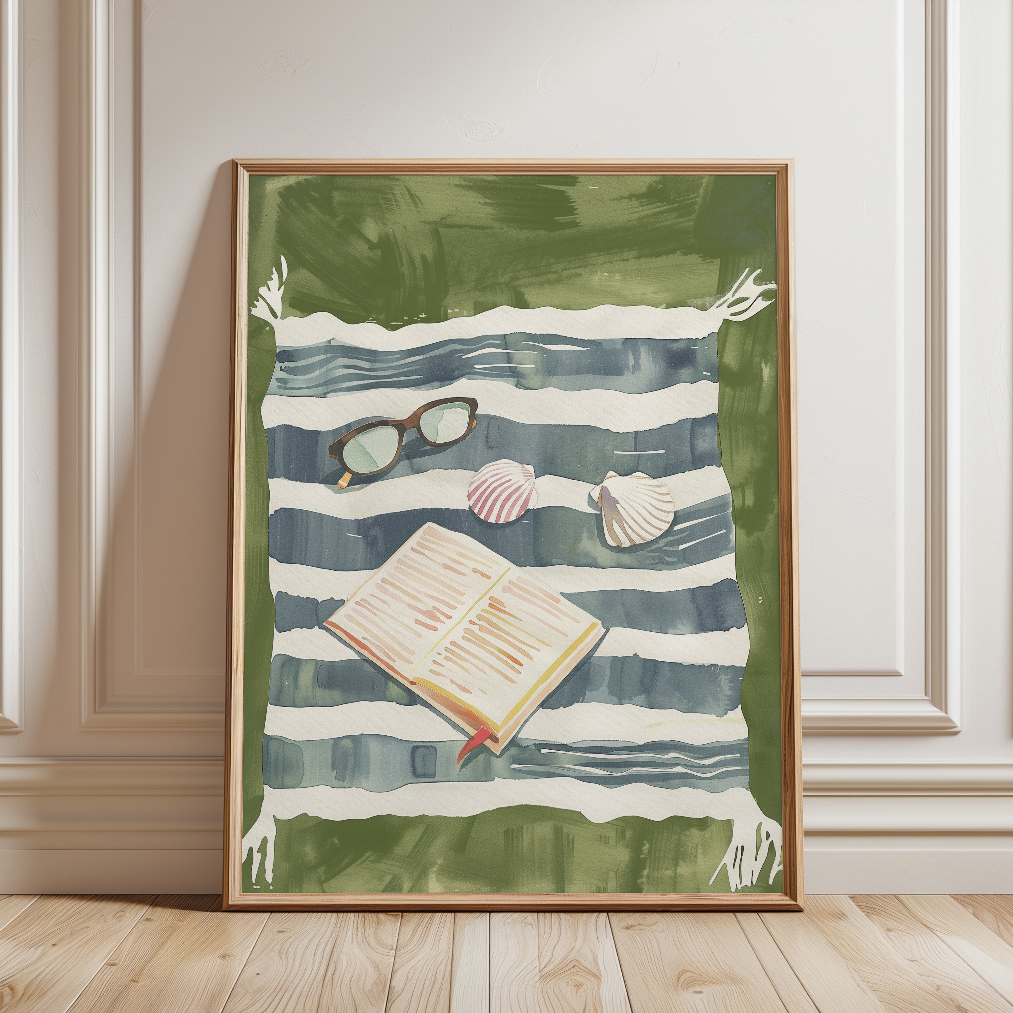 Beach Towel Reading Print: Coastal Summer Wall Art (Living Room) - framed detail