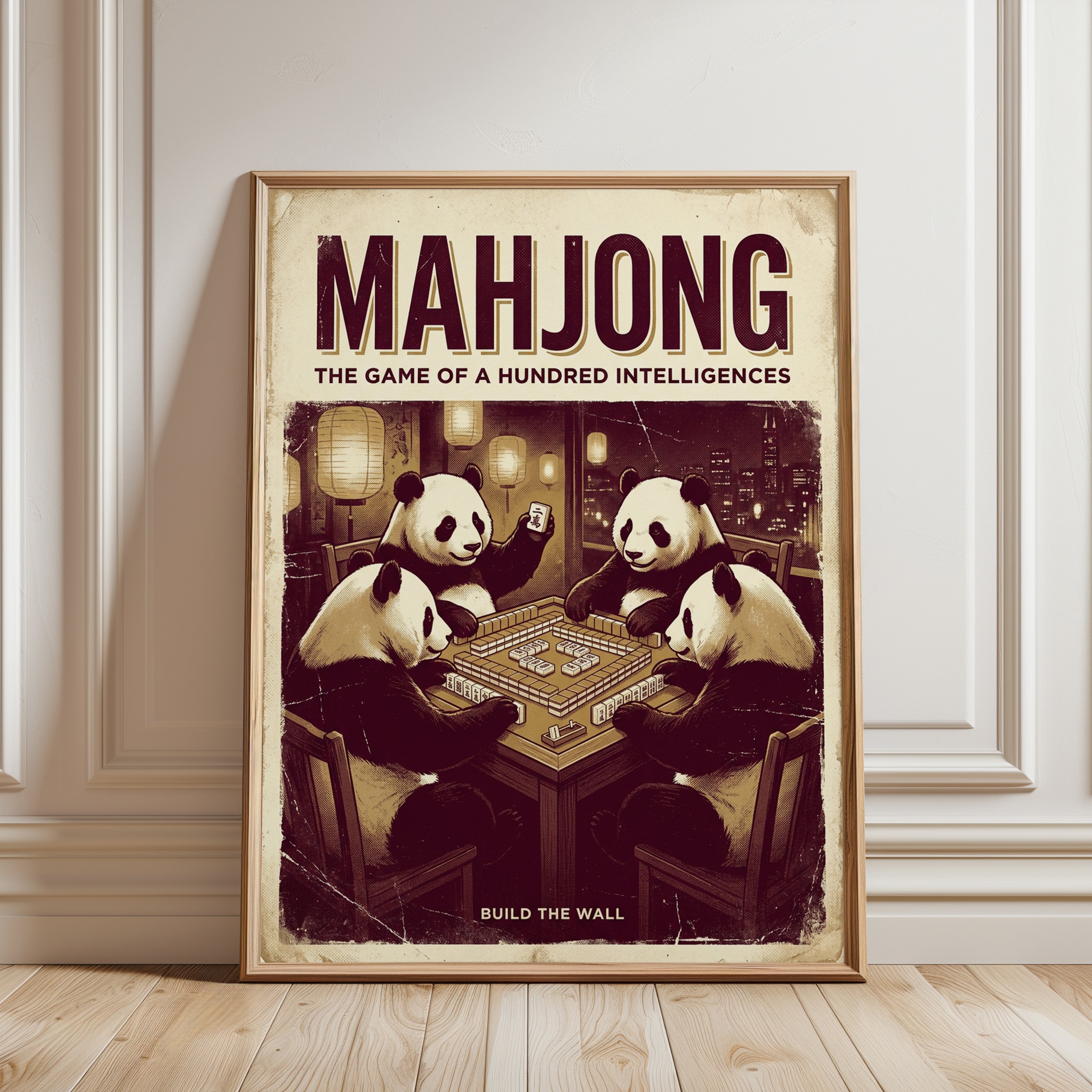 Mahjong Pandas Poster: Vintage Game Room Art Print - framed detail