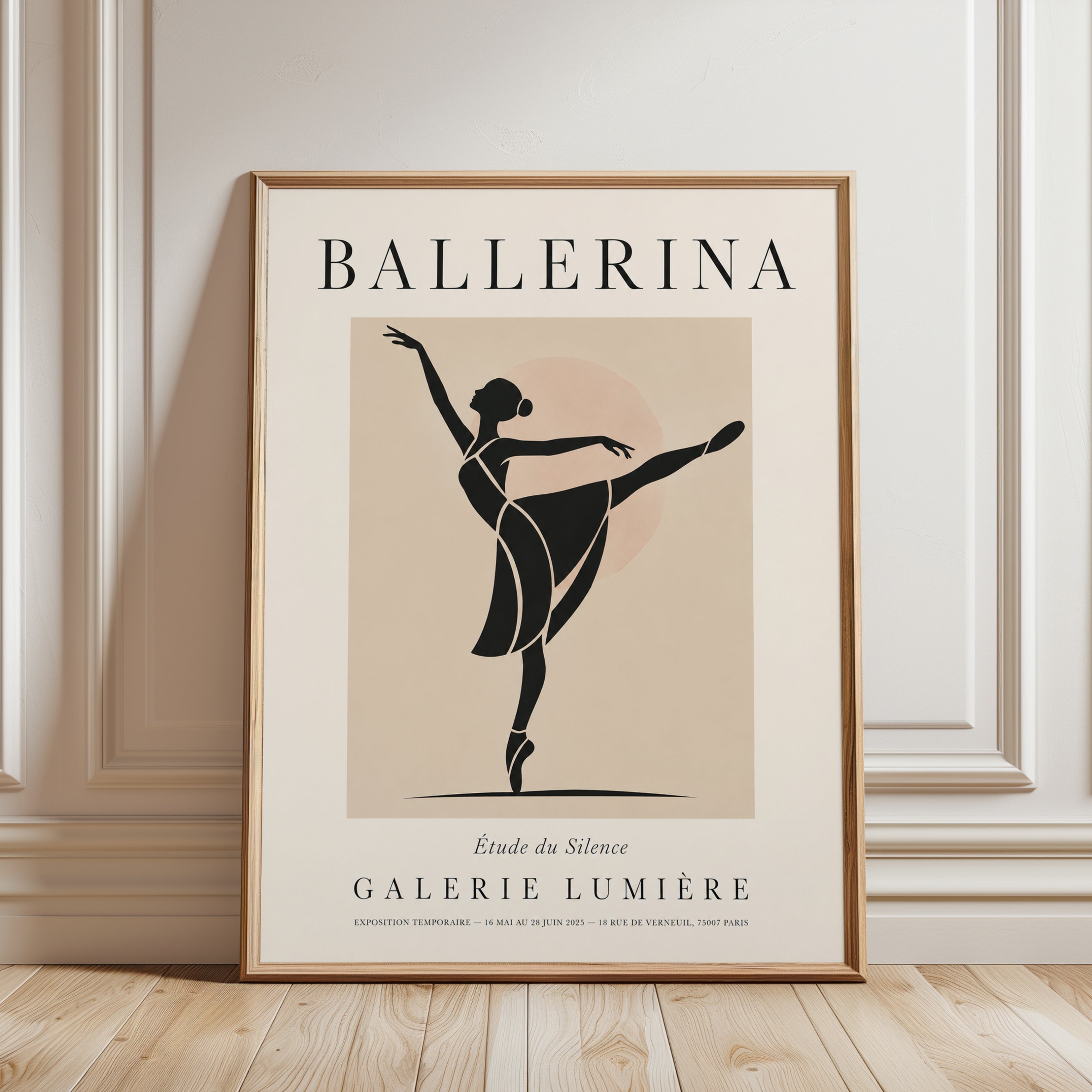 Ballerina Silhouette Art Print: Minimalist Dance Poster - framed detail
