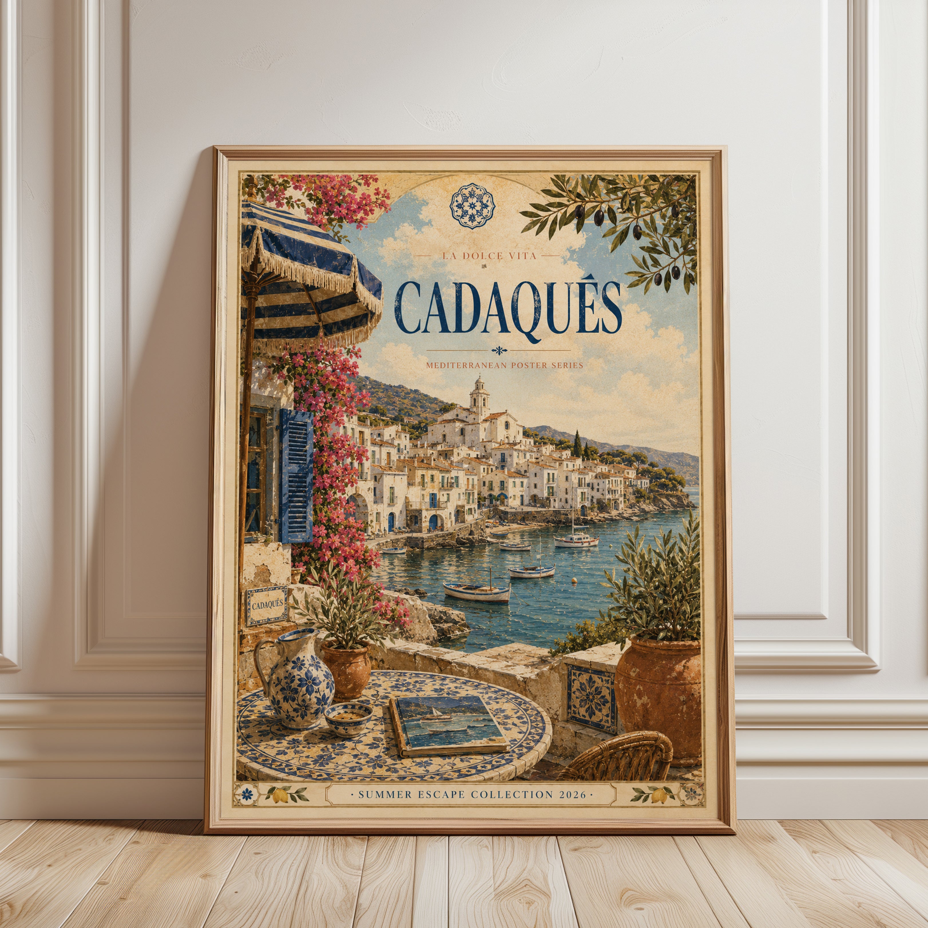 Cadaqués Vintage Travel Poster — Mediterranean Coastal Village - framed detail