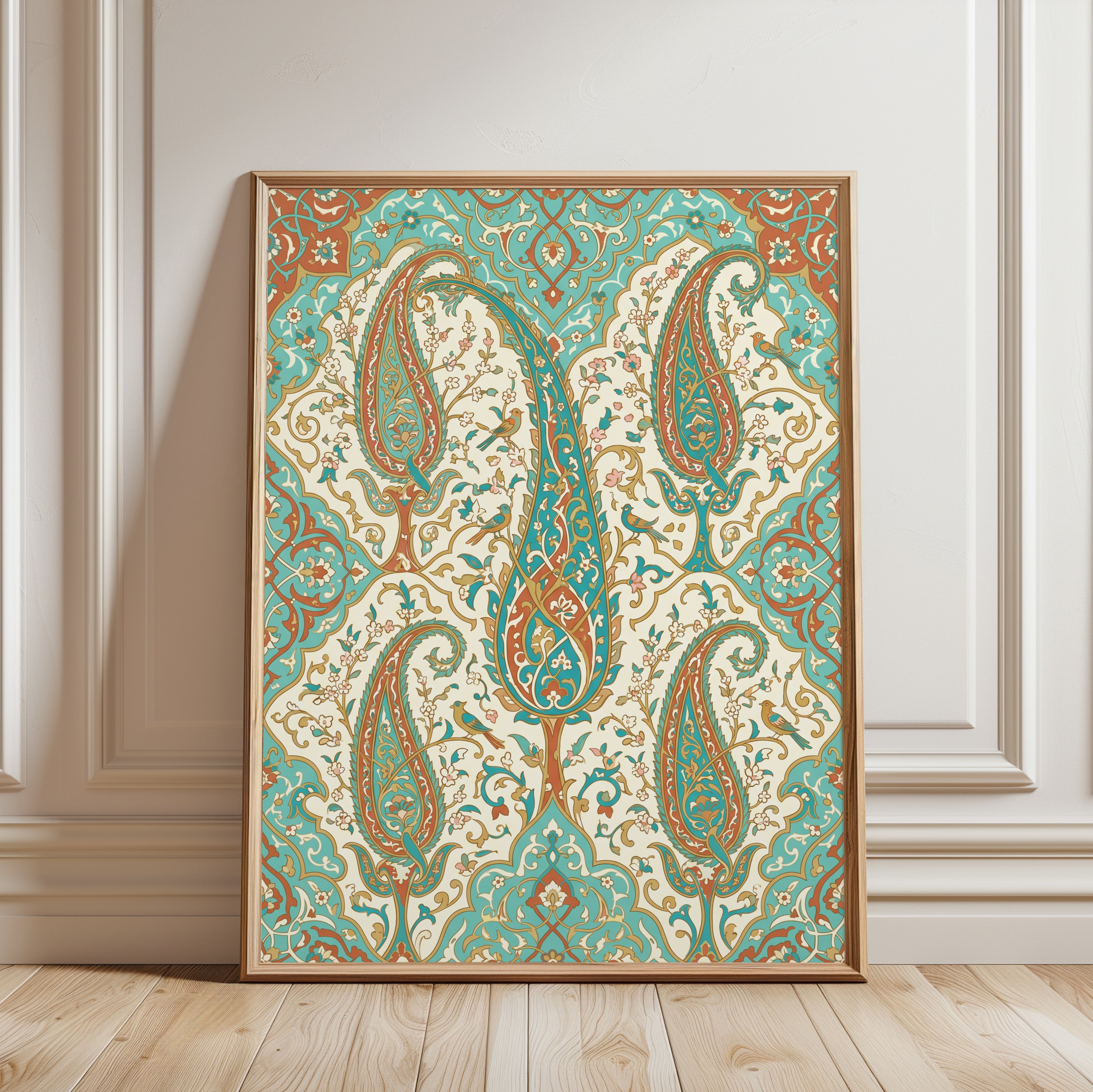 Persian Paisley Art Print: Turquoise & Coral Boho Botanical - framed detail