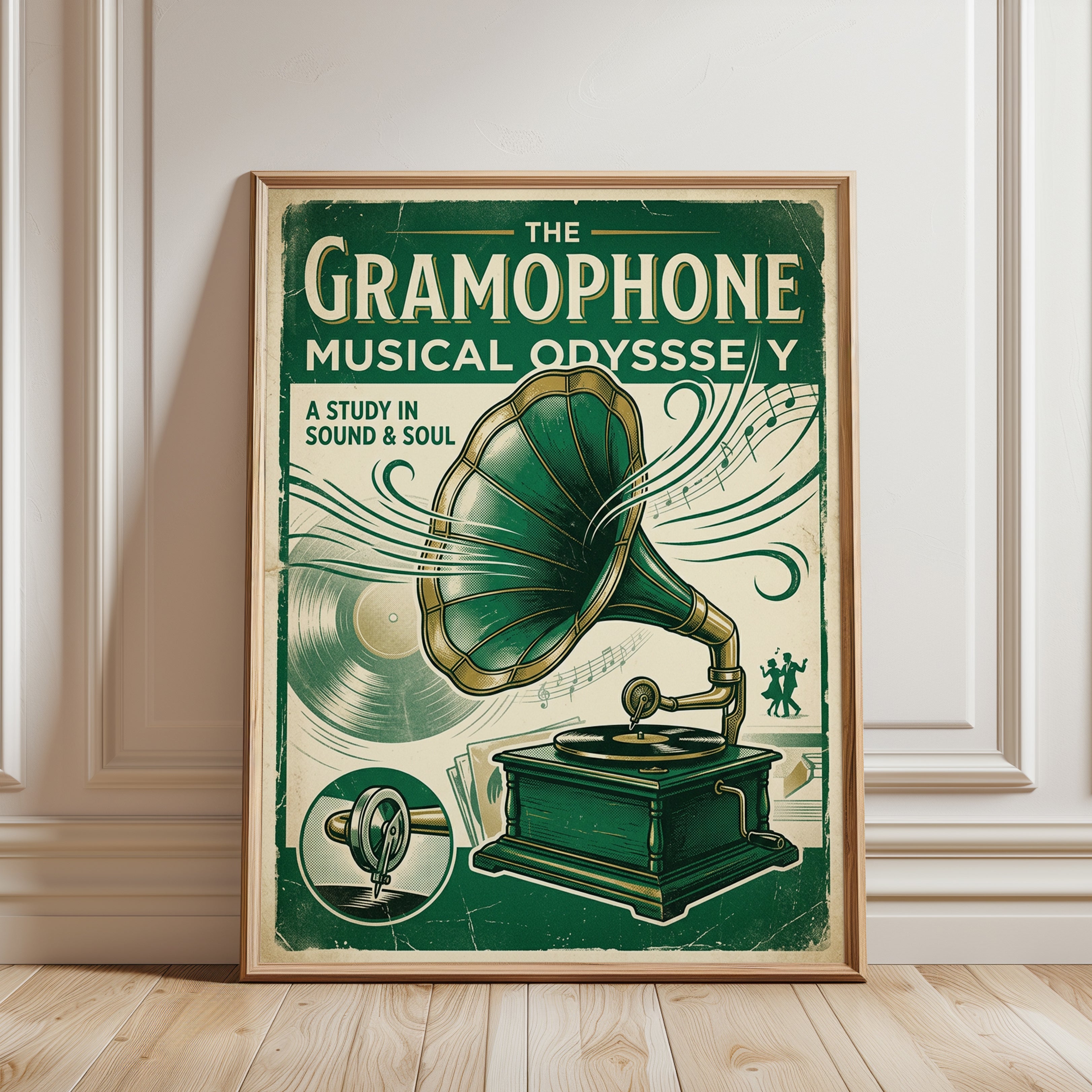 Vintage Gramophone Poster: Art Deco Music Wall Art - framed detail