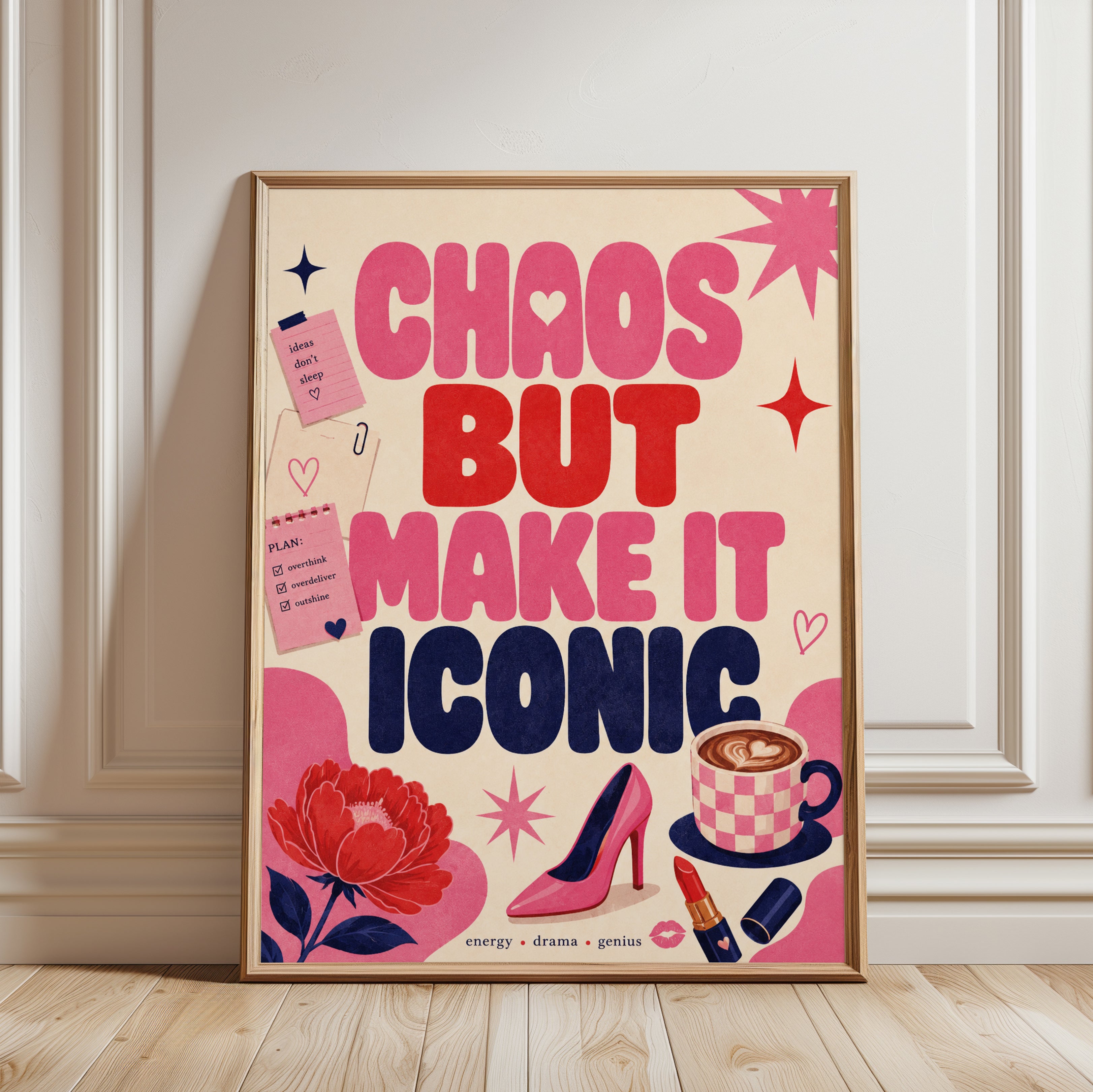 Chaos But Make It Iconic: Retro Motivational Typography Poster - framed detail