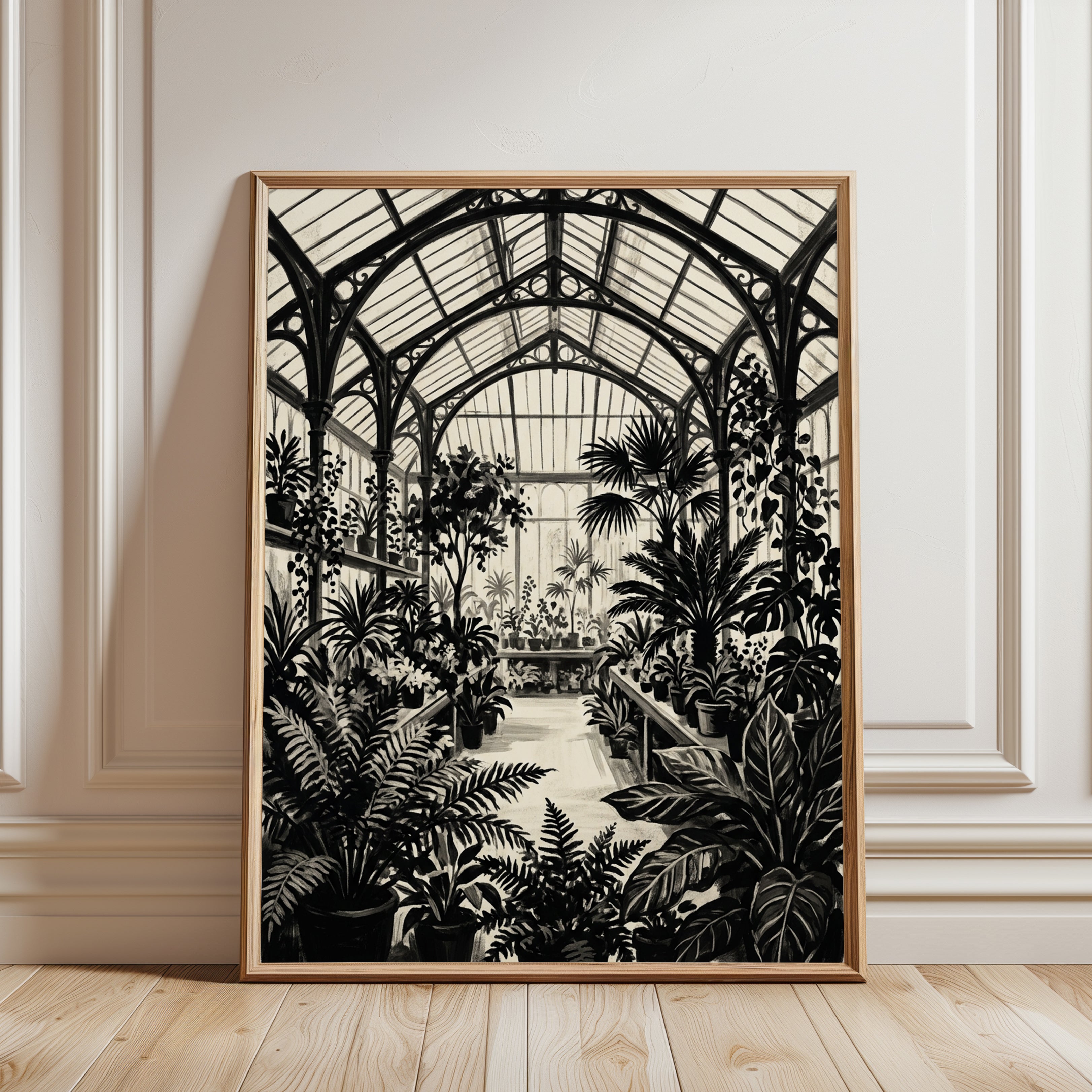 Victorian Glasshouse Interior: Black and White Botanical Art Print - framed detail