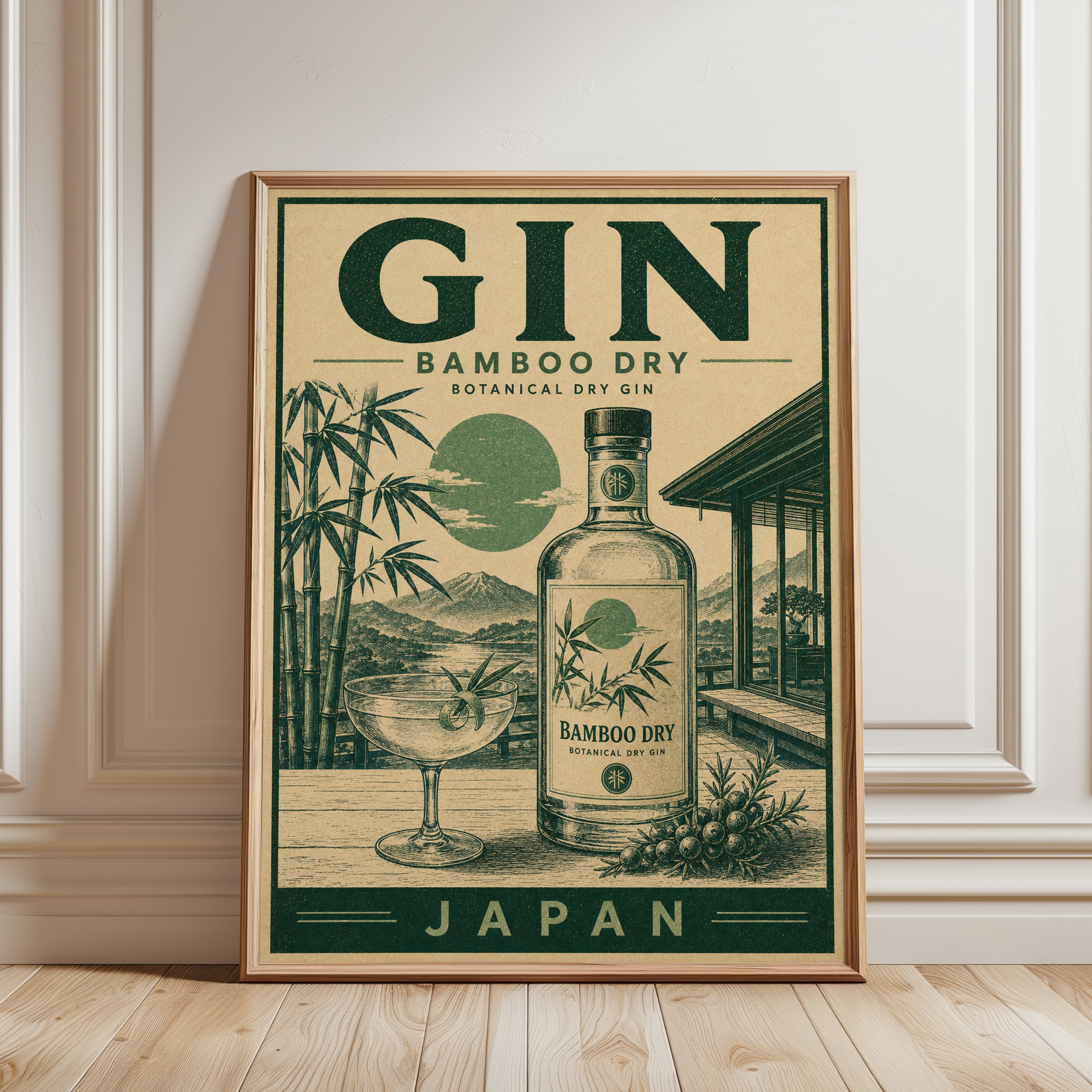Japanese Gin Poster Print: Retro Bamboo Design - framed detail
