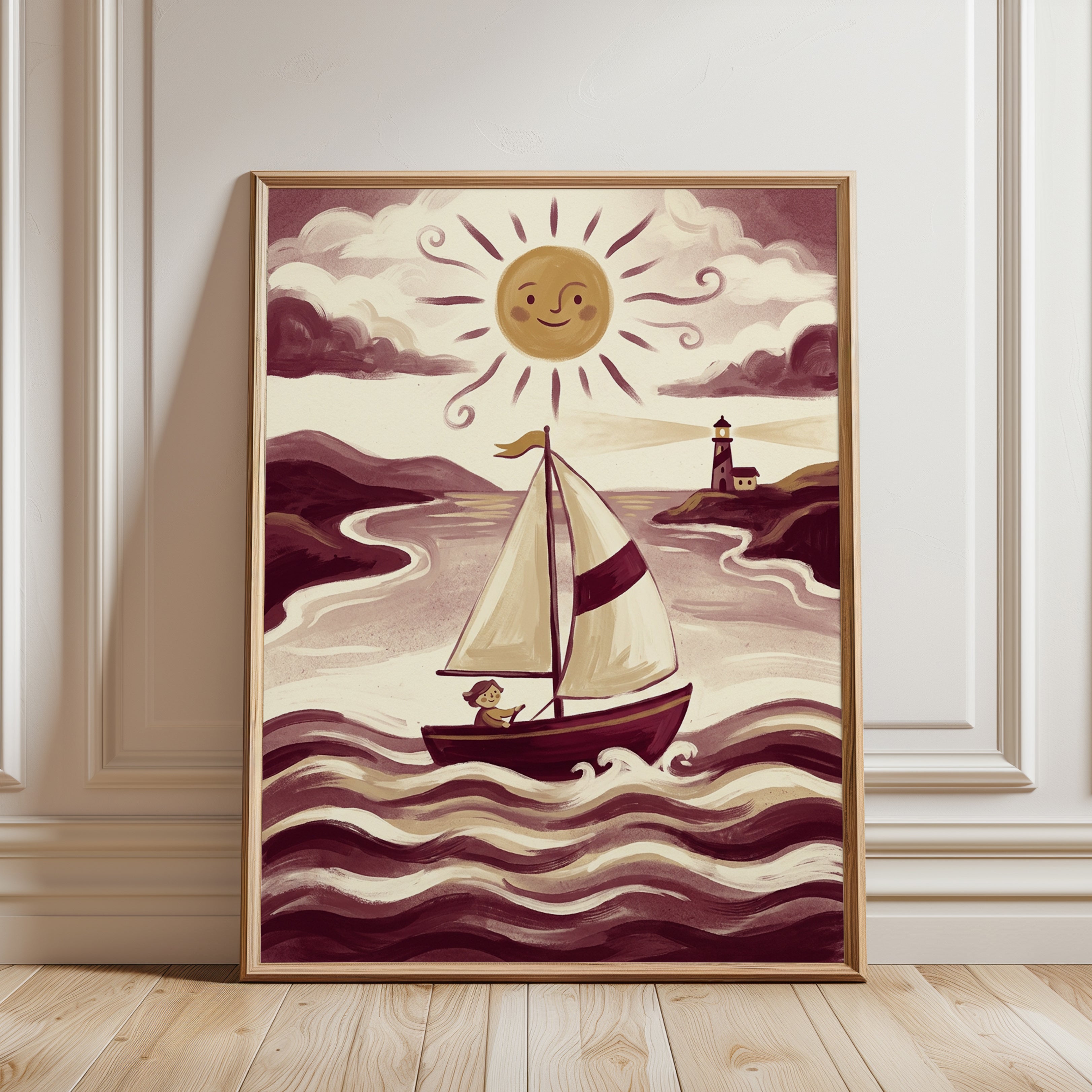 Whimsical Sailboat Art Print: Vintage Nautical Lighthouse Scene - framed detail