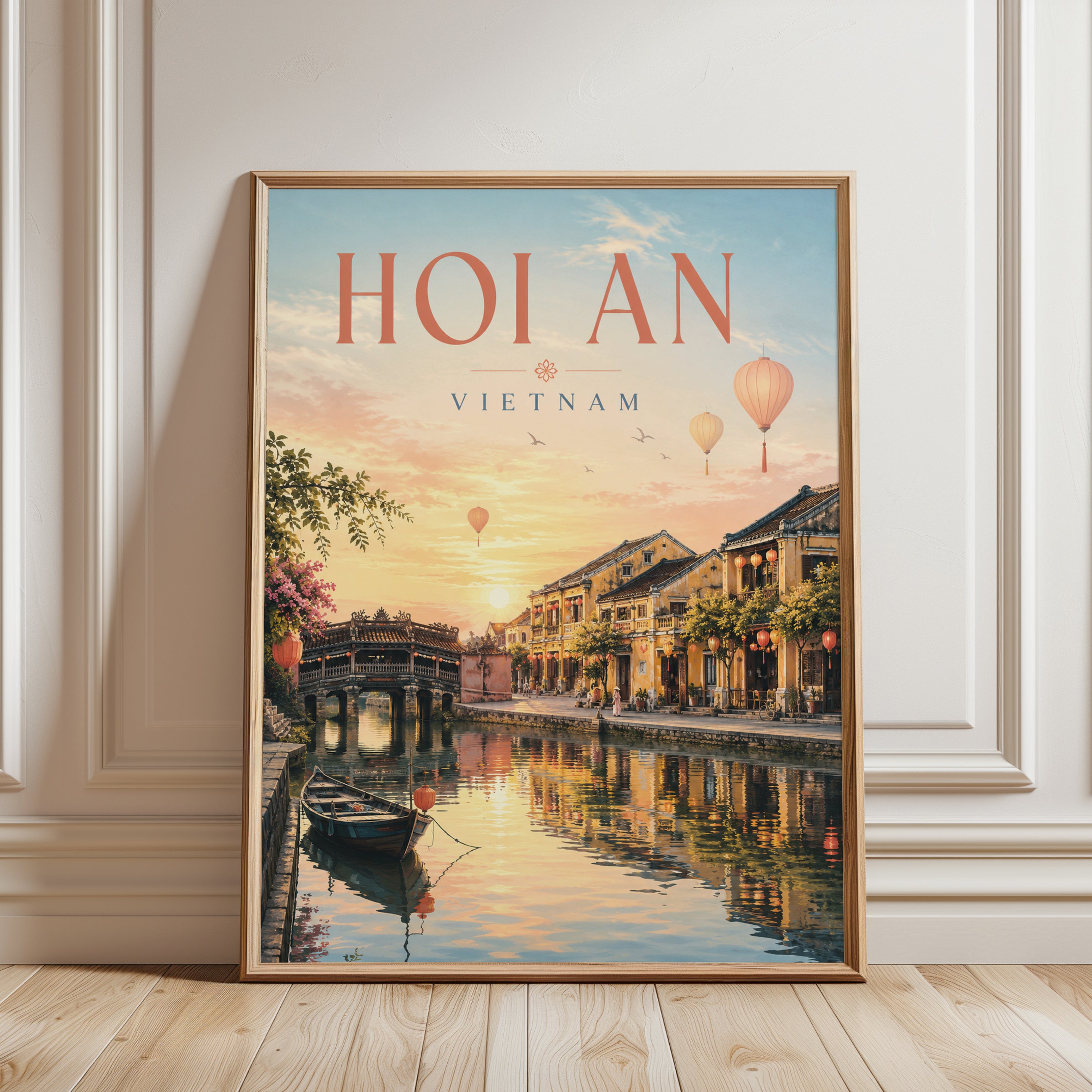 Hoi An Vietnam Travel Poster: Sunset Over Ancient Town Canals - framed detail