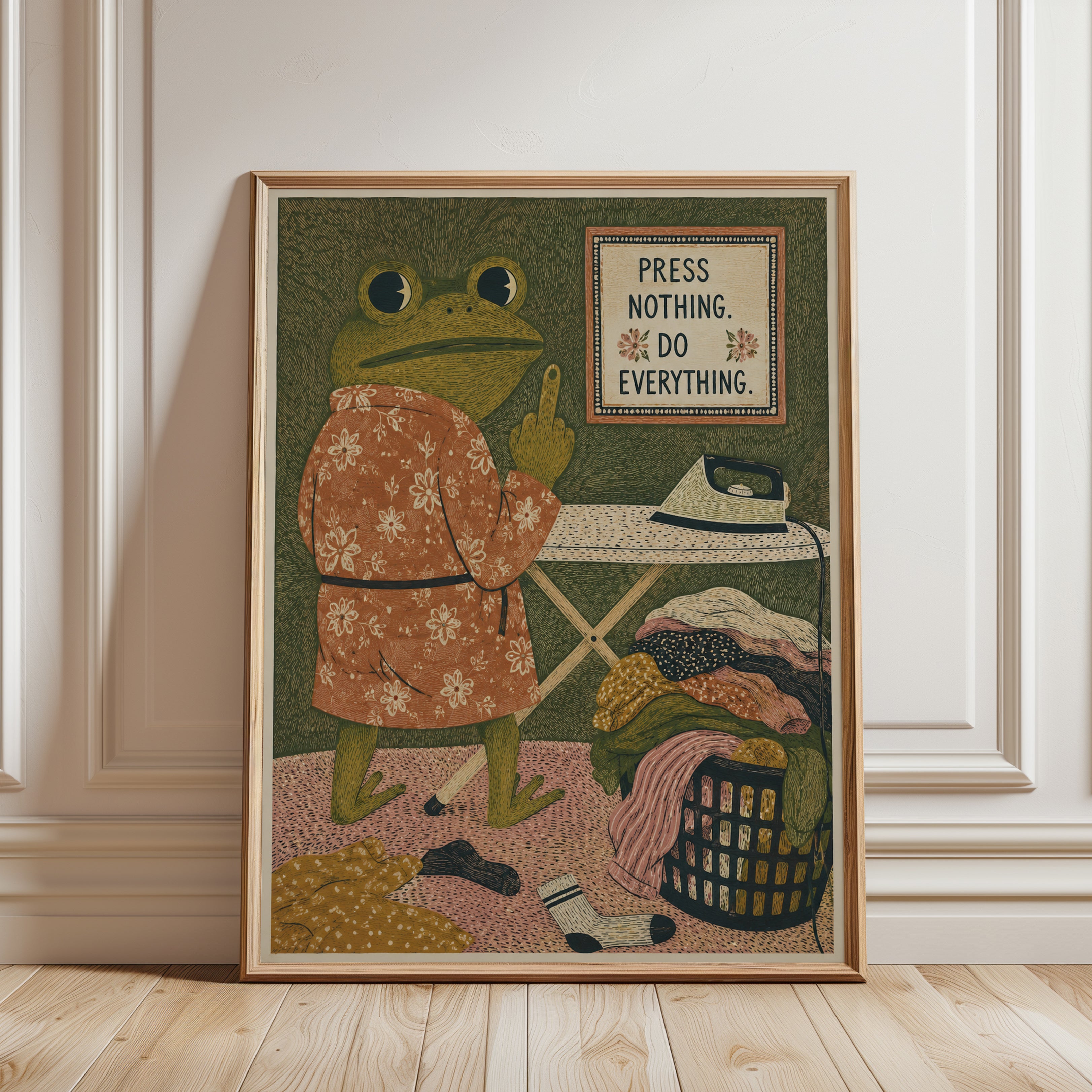 Ironing Frog Art Print: Whimsical Folk Art Illustration - framed detail