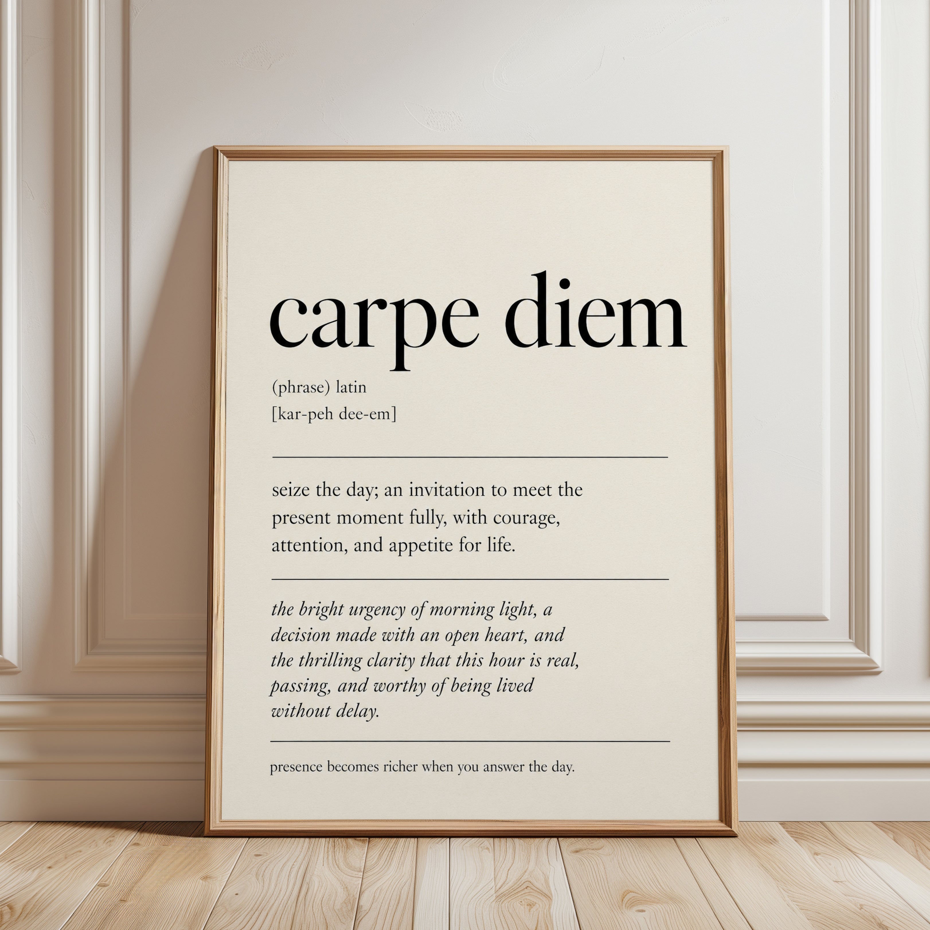 Carpe Diem Print: Latin Quote Art for Office or Bedroom (Minimalist) - framed detail