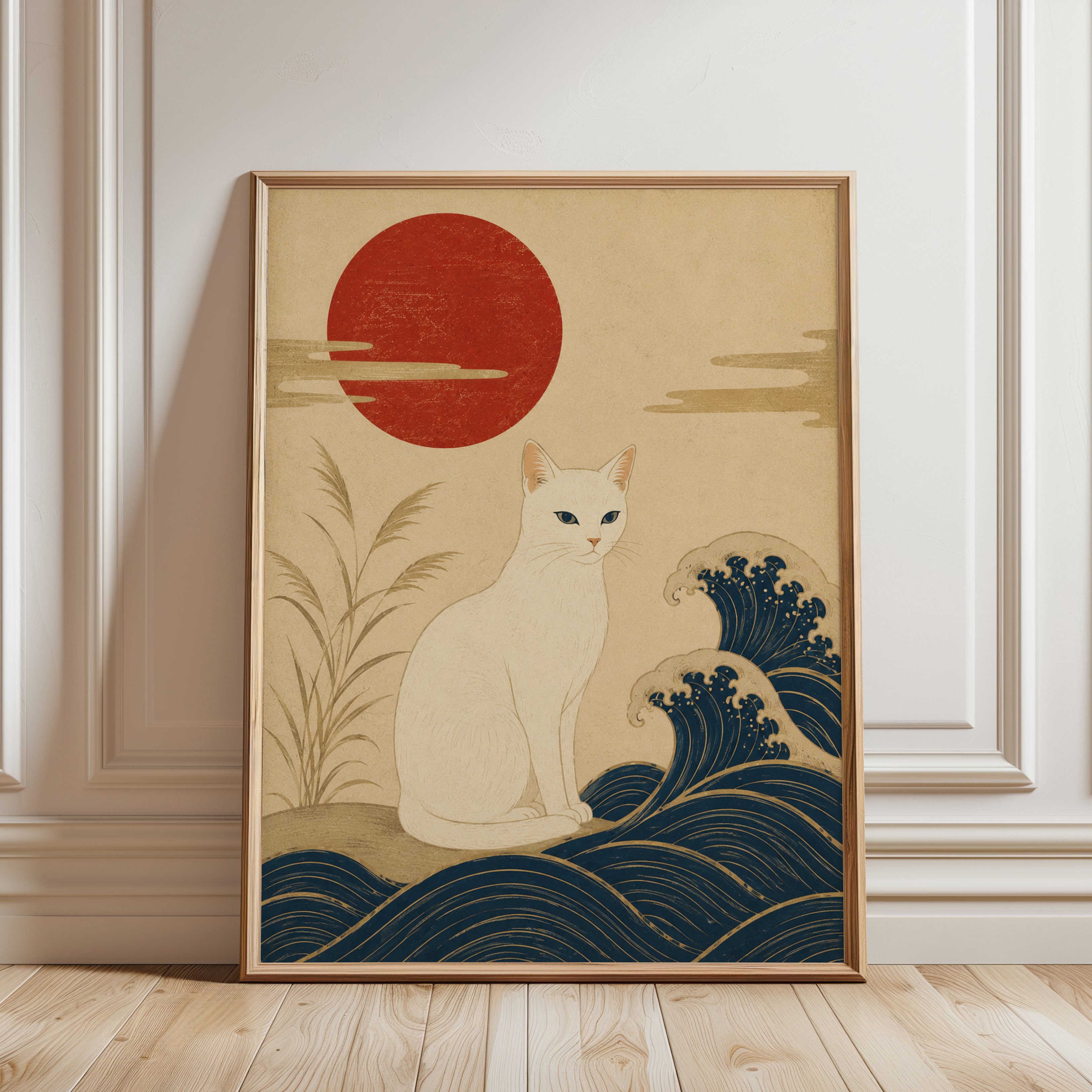 Ukiyo-e Cat Print: Japanese Vintage Style - framed detail