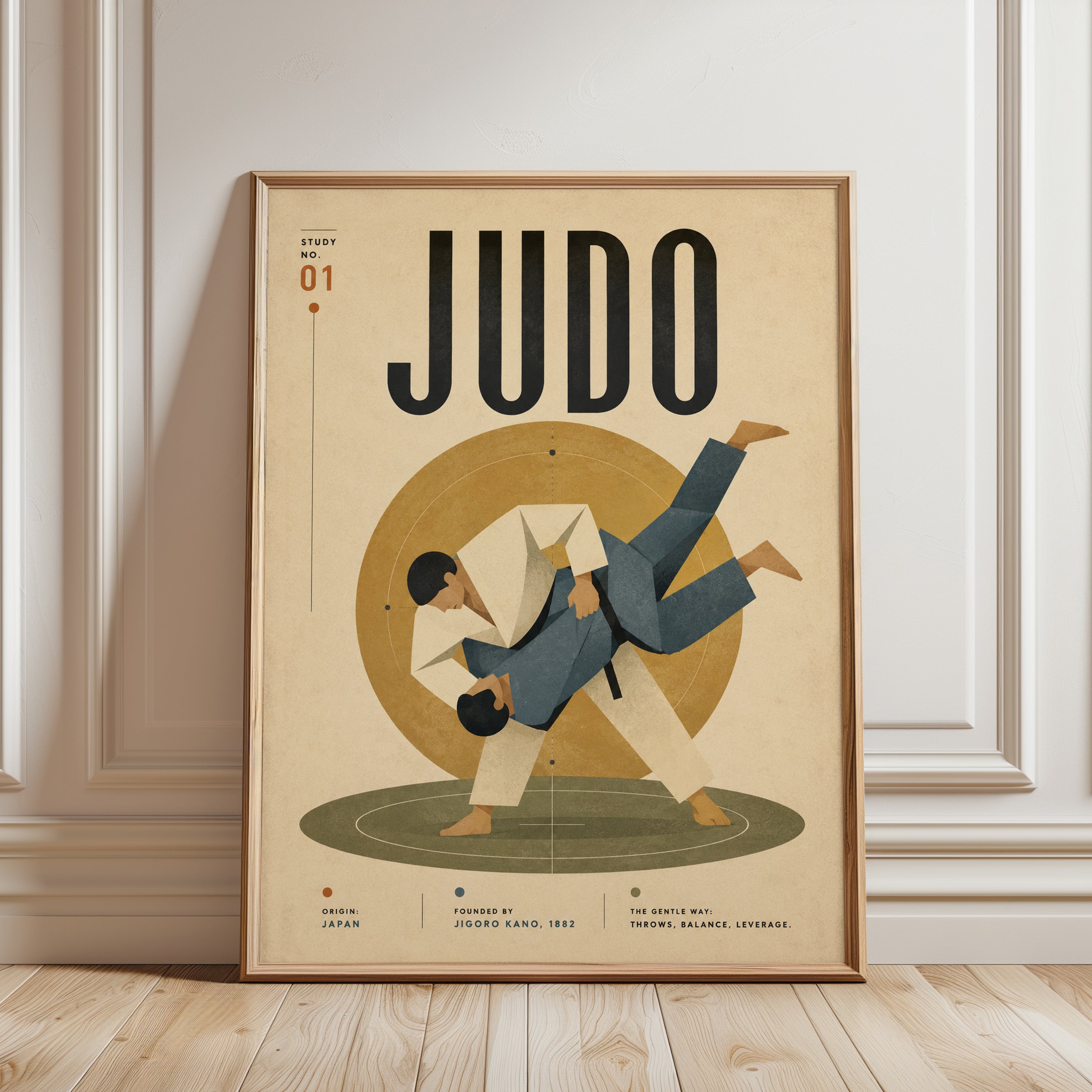 Judo Martial Arts Poster: Vintage Geometric Mid-Century Design - framed detail