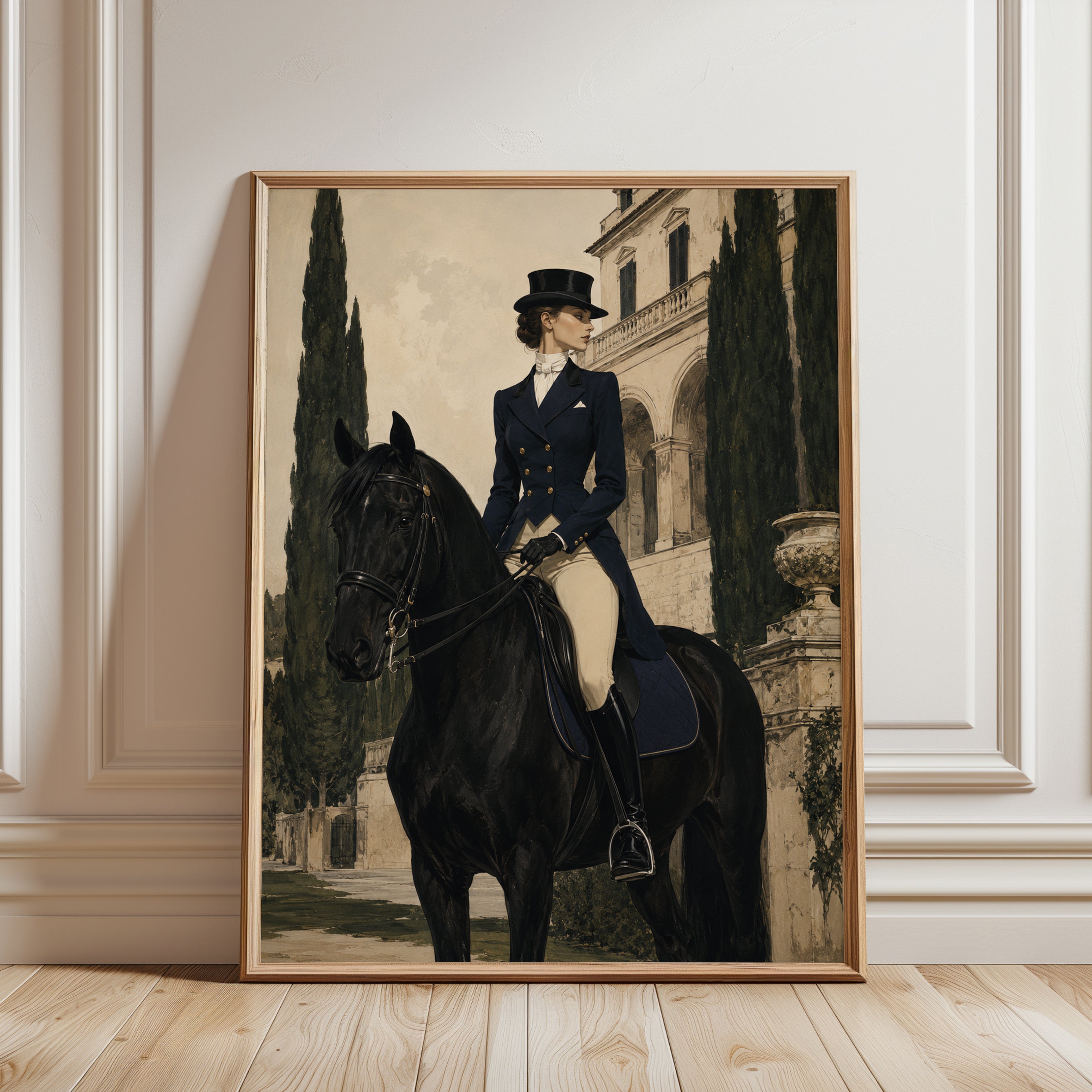 Victorian Equestrian Portrait: Elegant Woman on Black Horse Art Print - framed detail