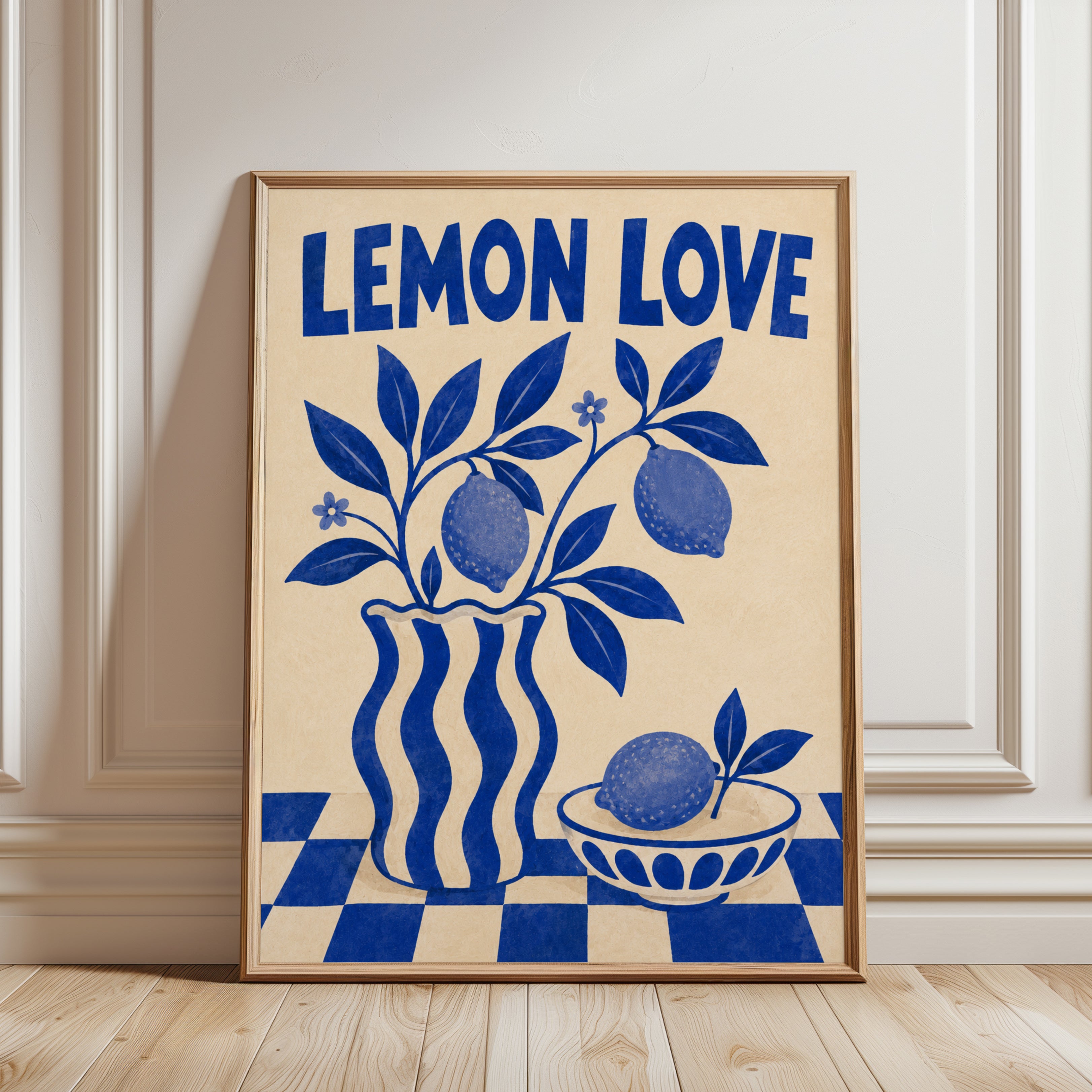 Lemon Love Print: Blue Folk Art Botanical Kitchen Poster - framed detail
