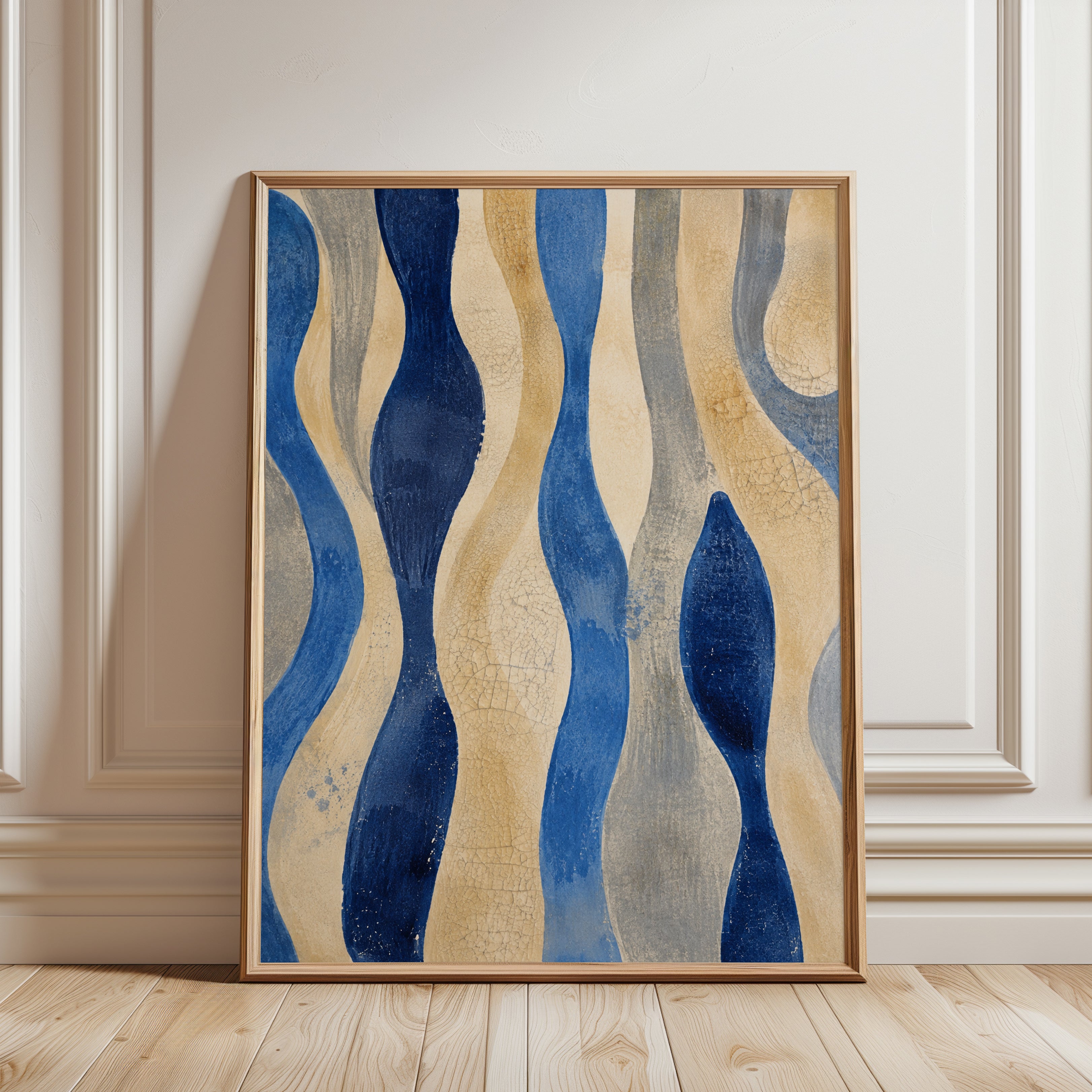 Abstract Waves Art Print: Blue and Gold Flowing Pattern - framed detail