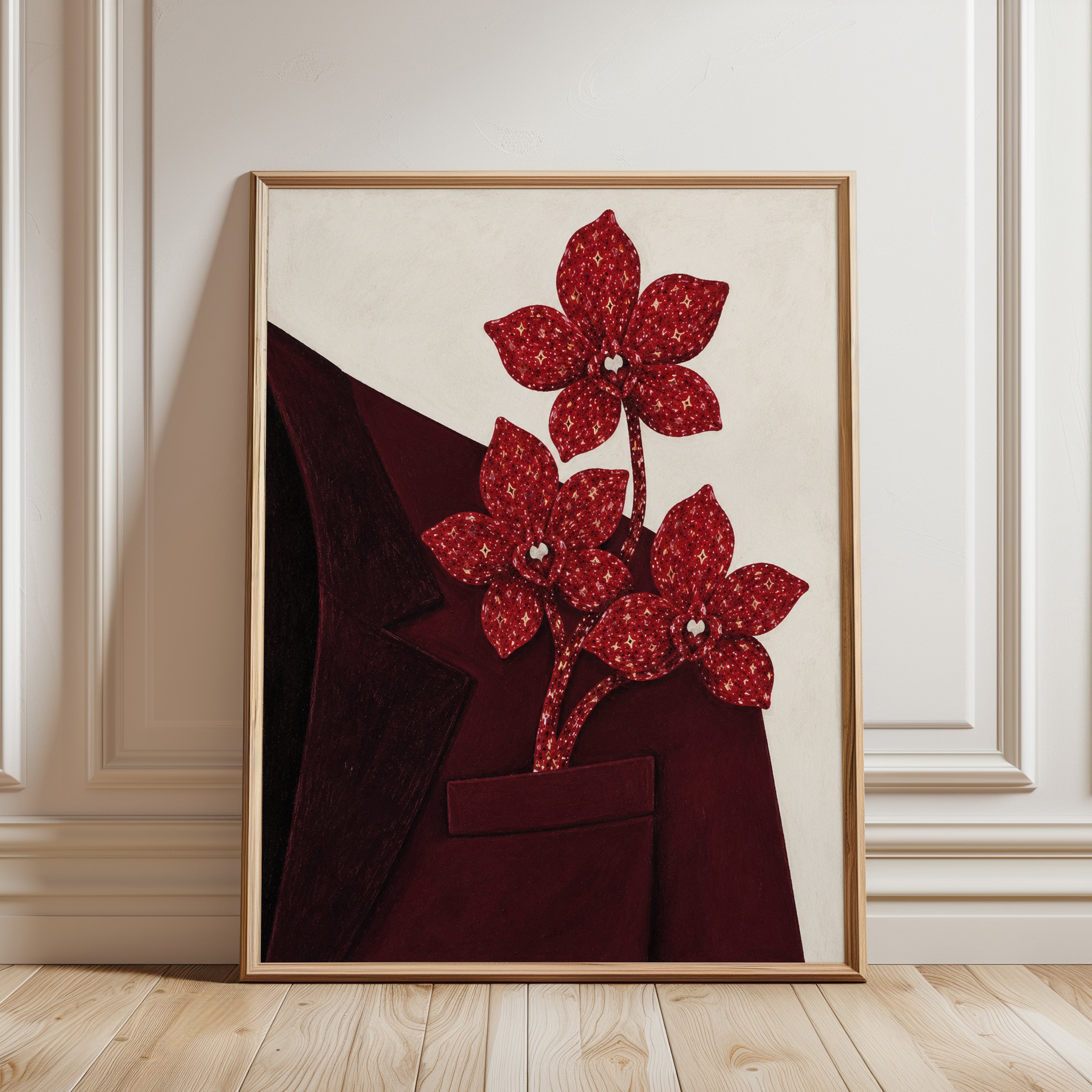Red Floral Wall Art – Modern Botanical Print - framed detail