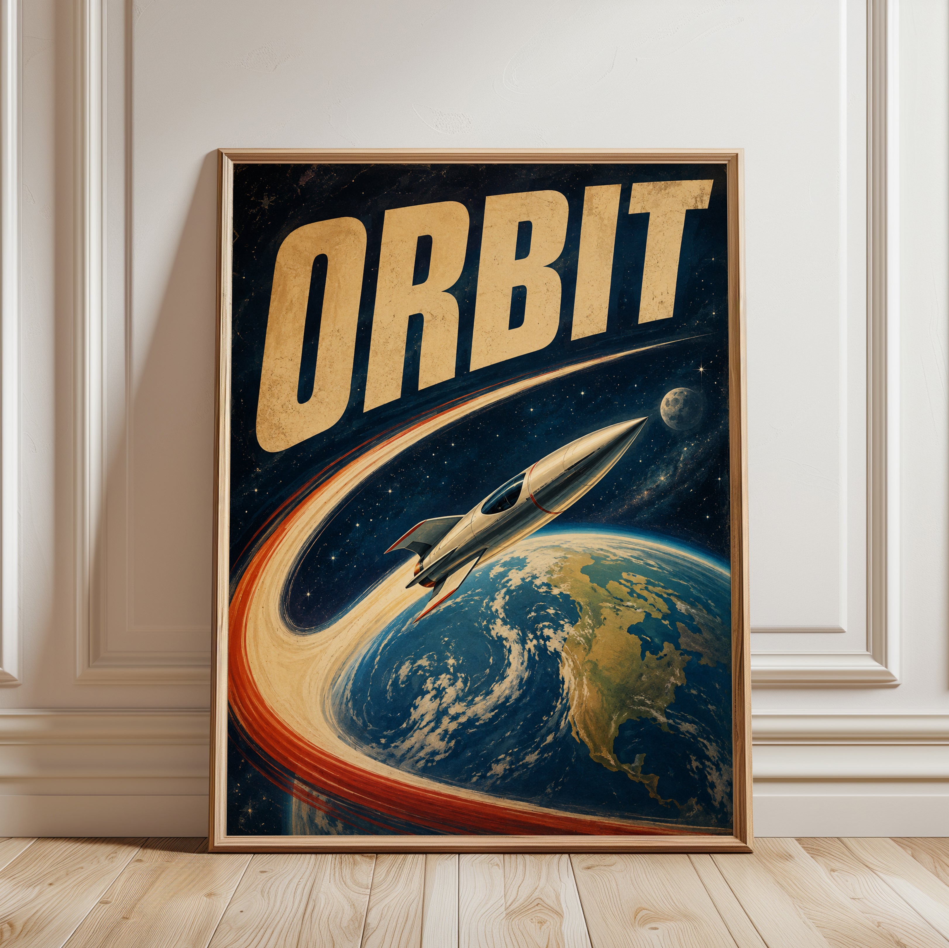 Retro Space Rocket Poster: Vintage Sci-Fi Orbit Design - framed detail