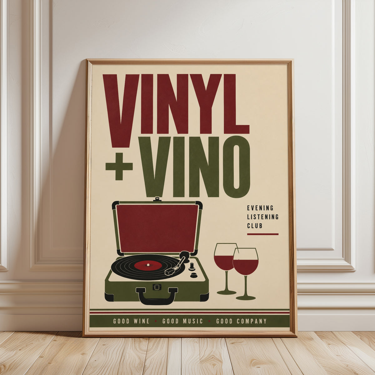 Vinyl + Vino Retro Poster — Mid-Century Music & Wine Print - framed detail