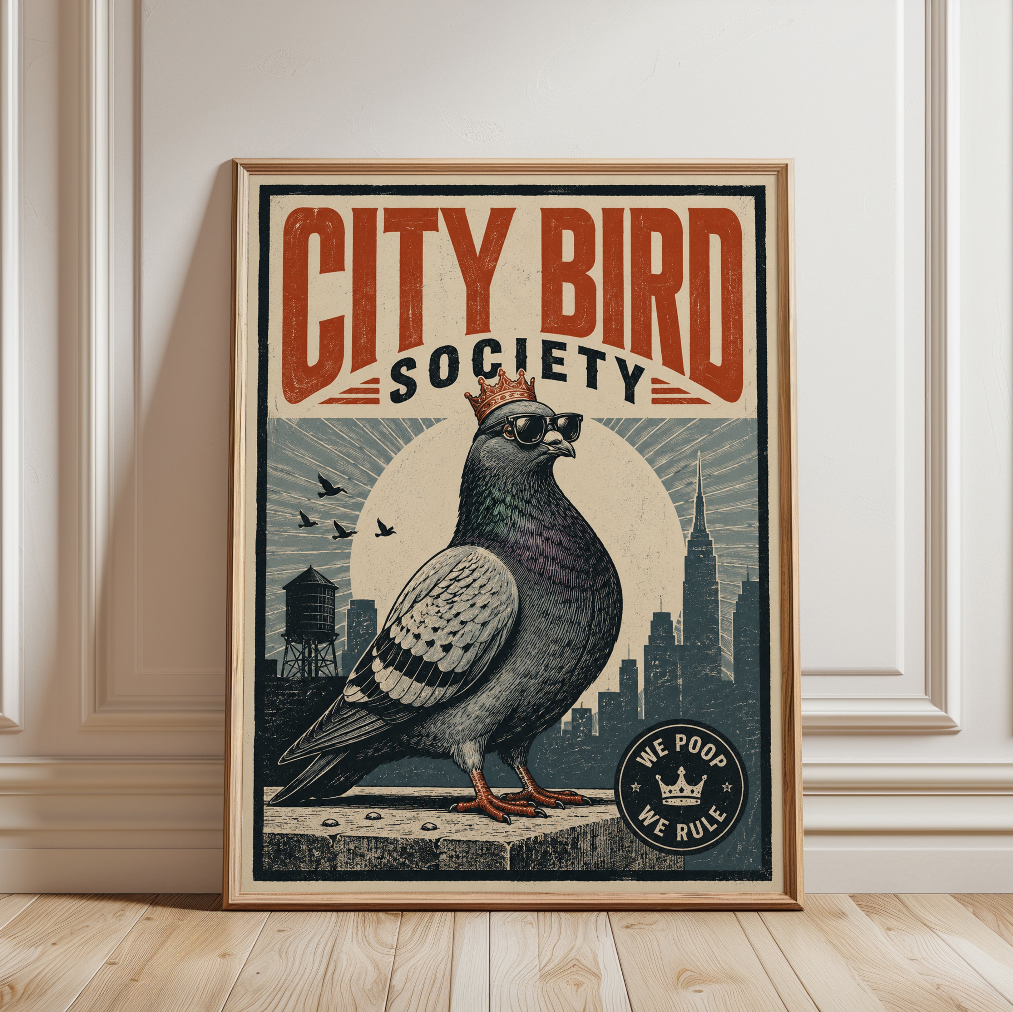 City Bird Society Poster: Vintage Pigeon Art - framed detail