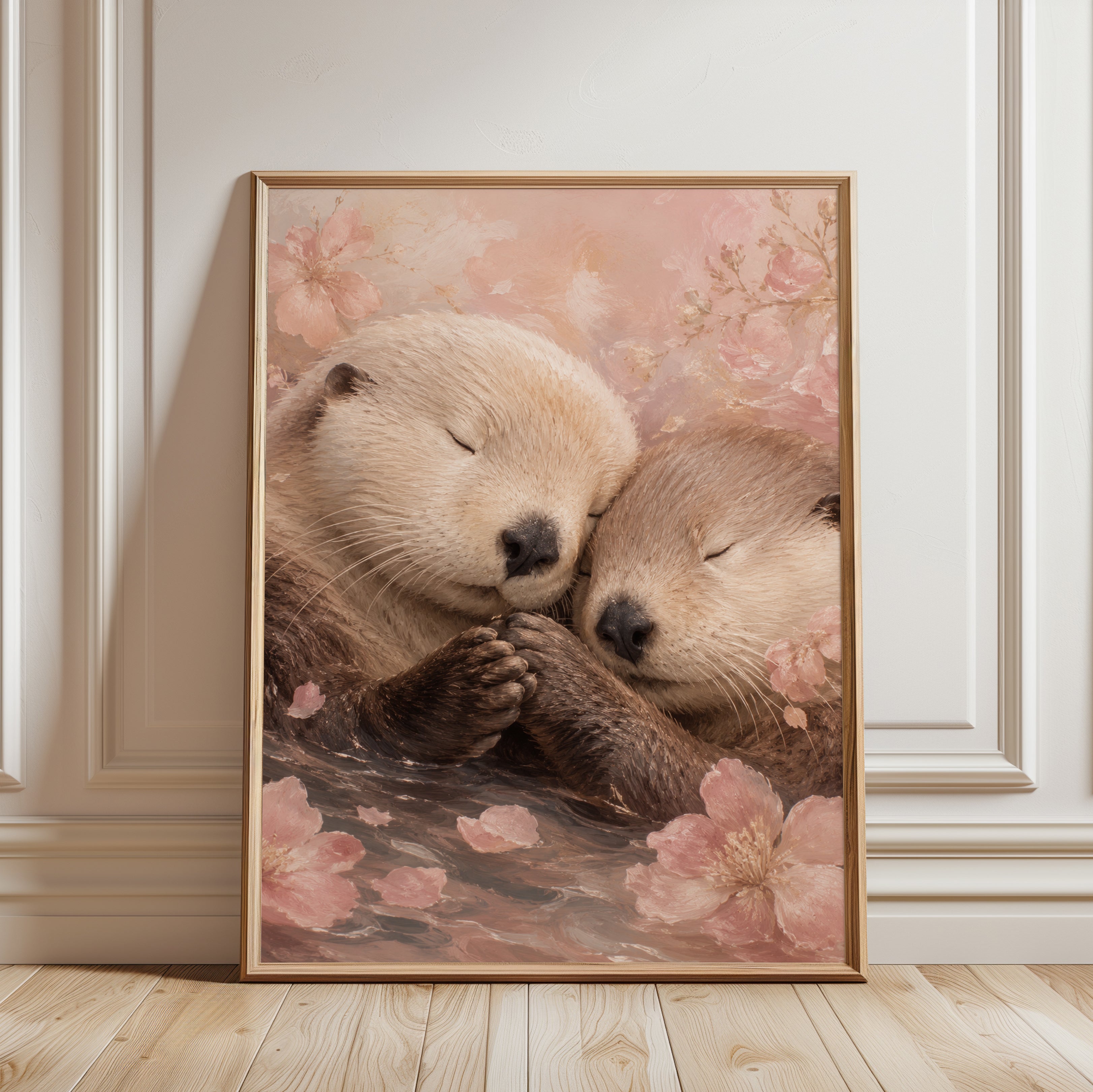 Otter Art Print — Soft Watercolor with Cherry Blossoms - framed detail