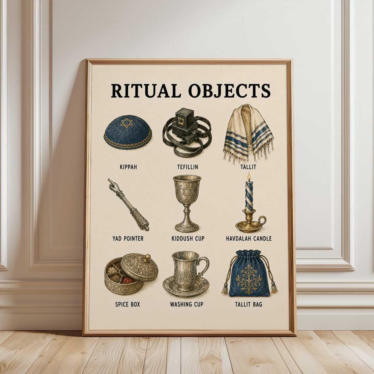 Jewish Ritual Objects Art Print: Traditional Ceremonial Items - framed detail
