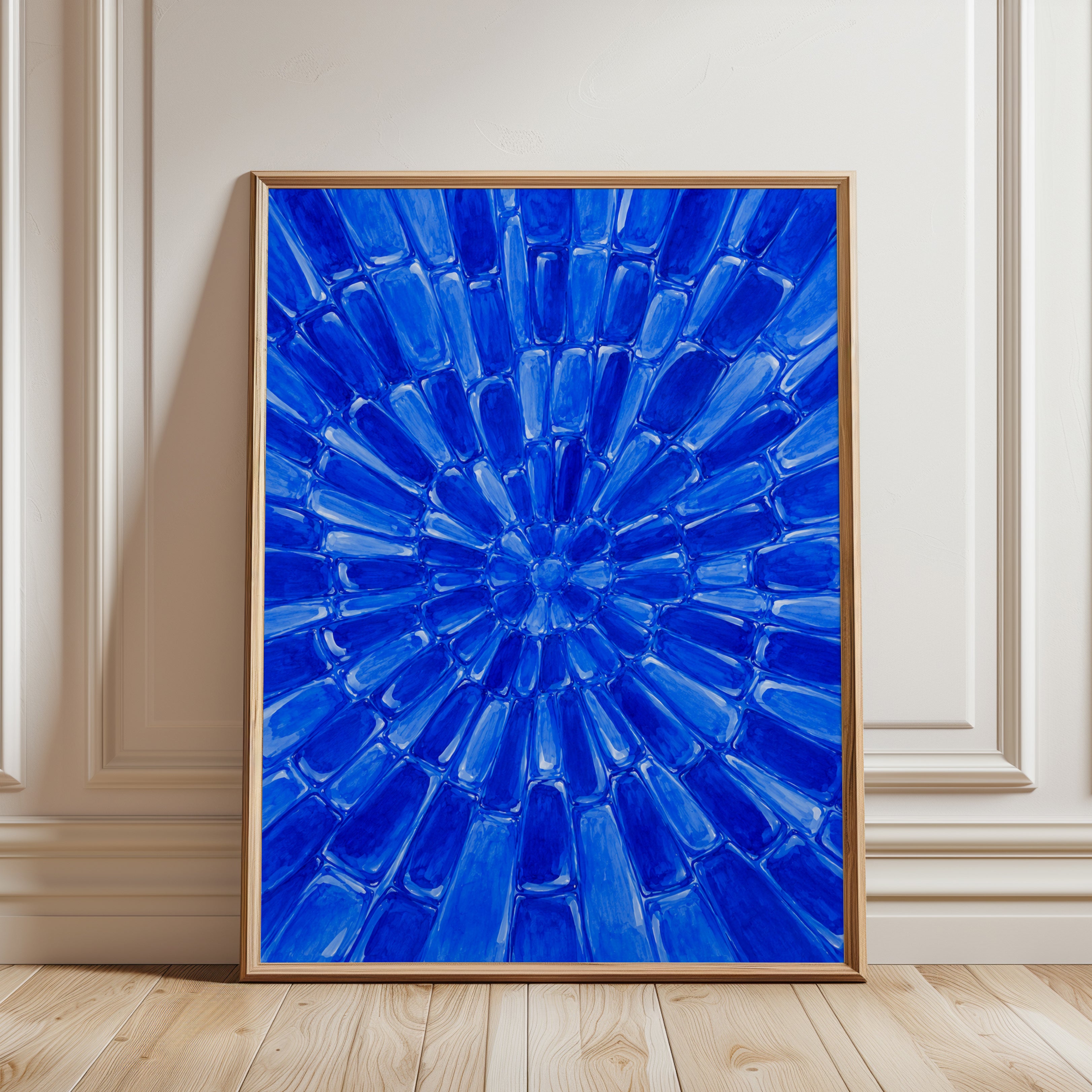 Blue Glass Radial Pattern Art Print: Abstract Geometric Design - framed detail