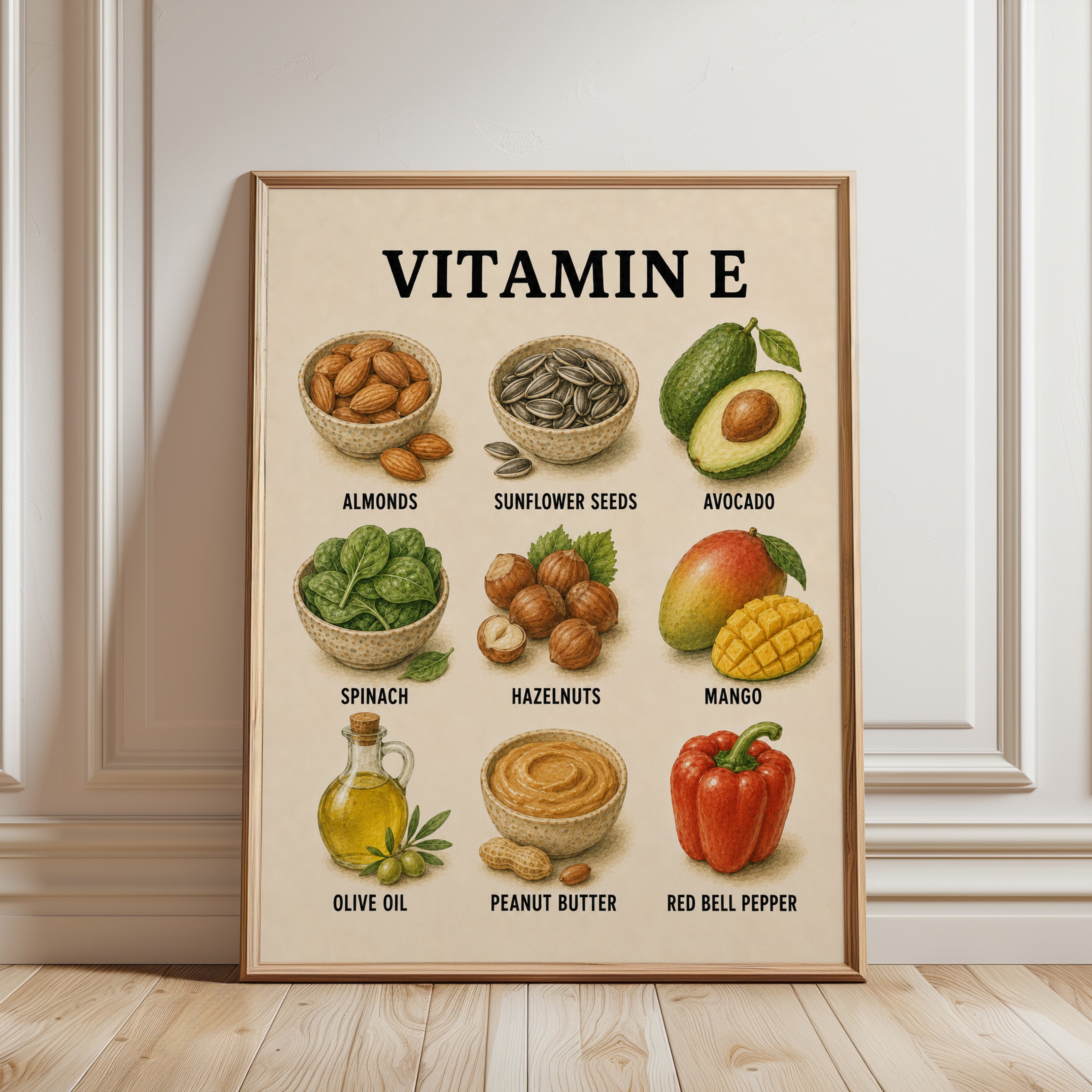 Vitamin E Foods Poster – Kitchen Wall Art - framed detail