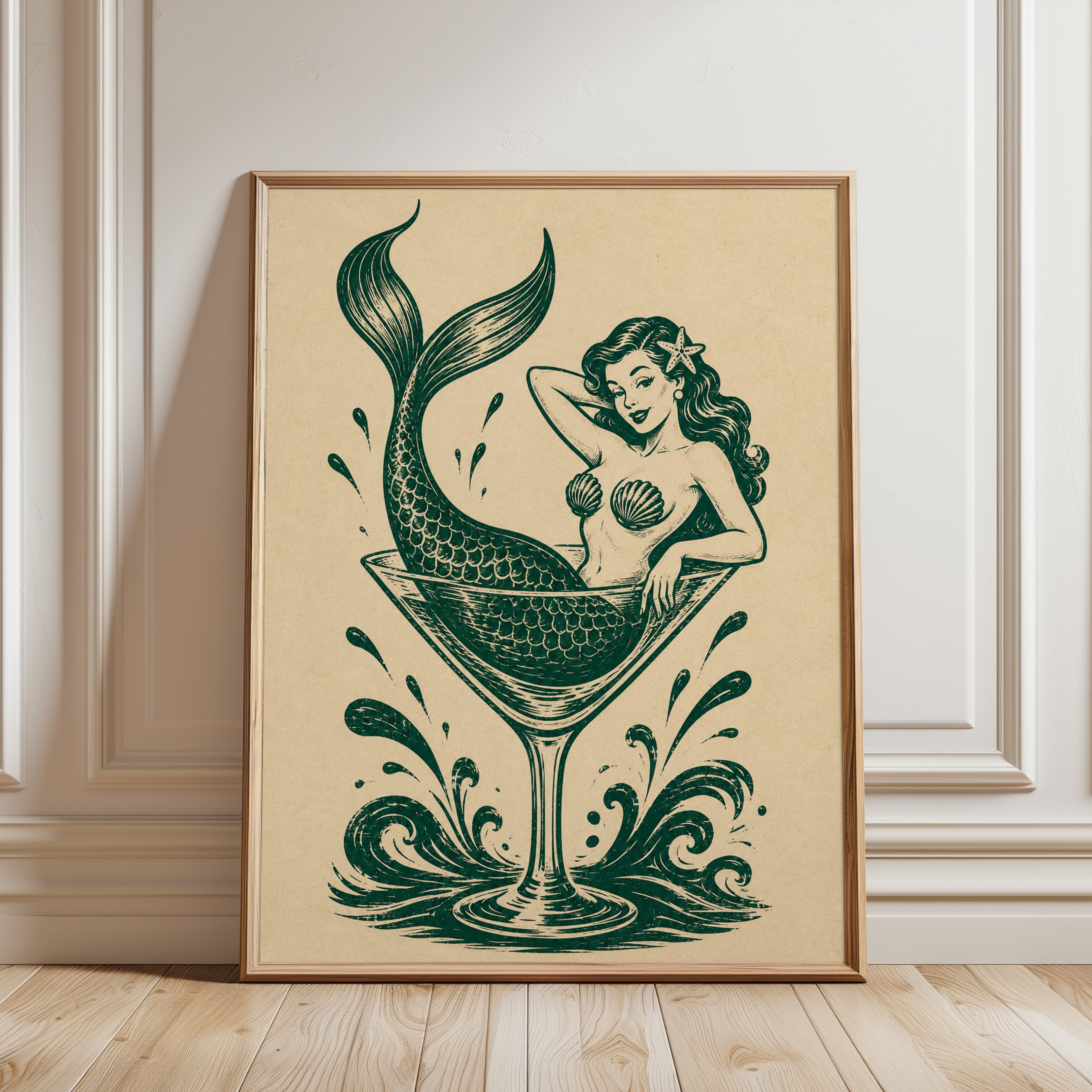 Vintage Mermaid Martini Glass Print: Retro Nautical Wall Art - framed detail