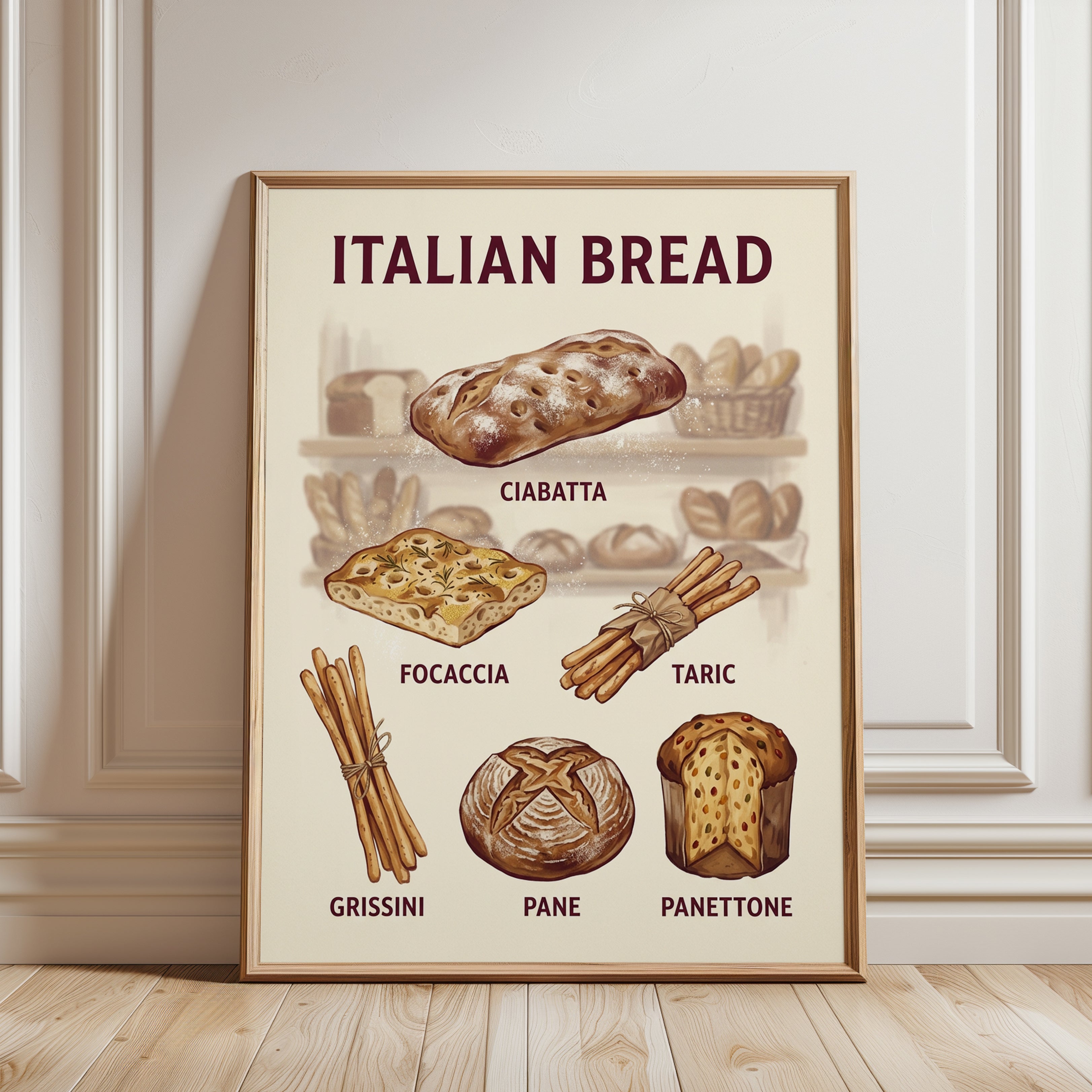 Italian Bread Poster: Vintage Culinary Illustration Art - framed detail