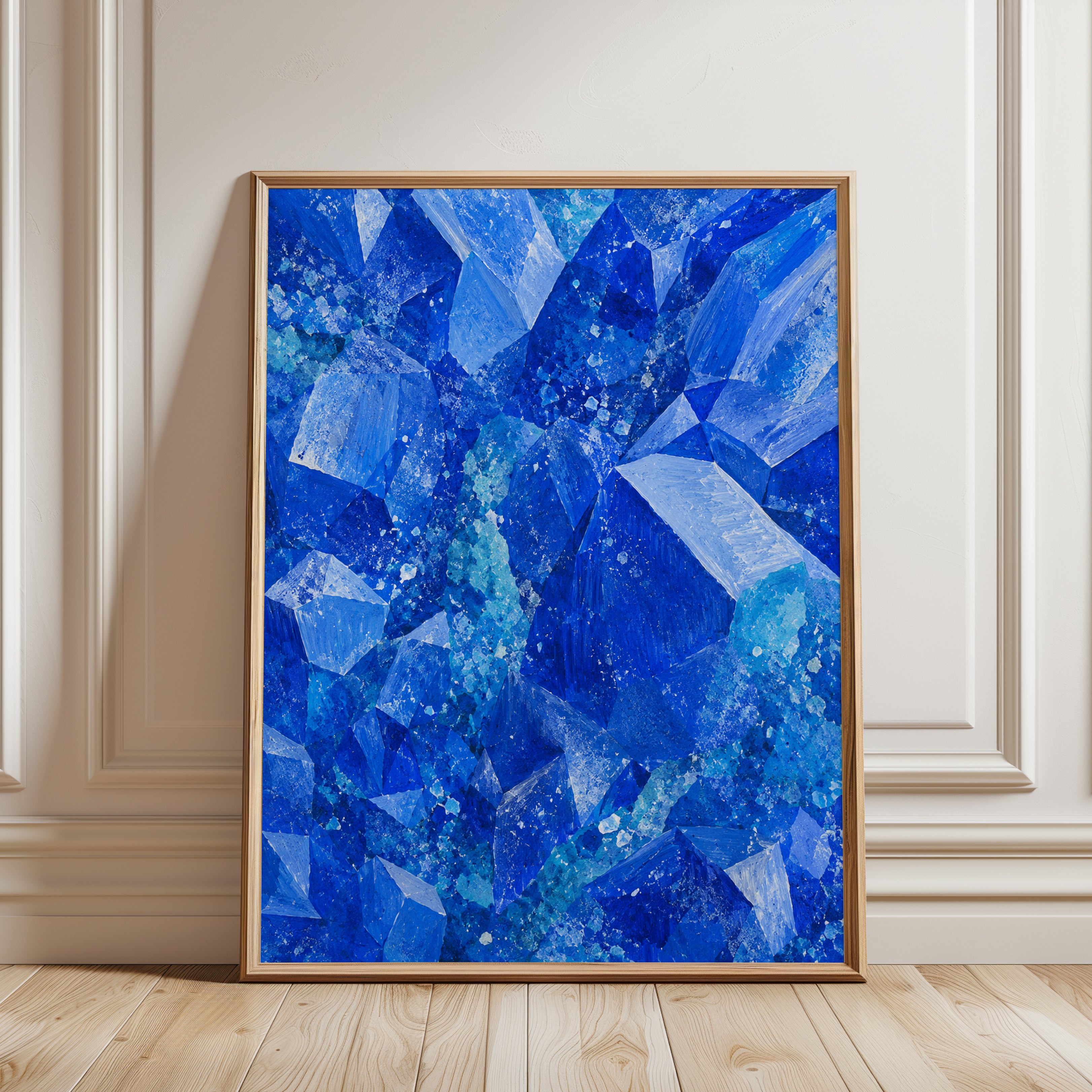 Blue Geometric Abstract Art Print: Cubist Fractured Ice Design - framed detail