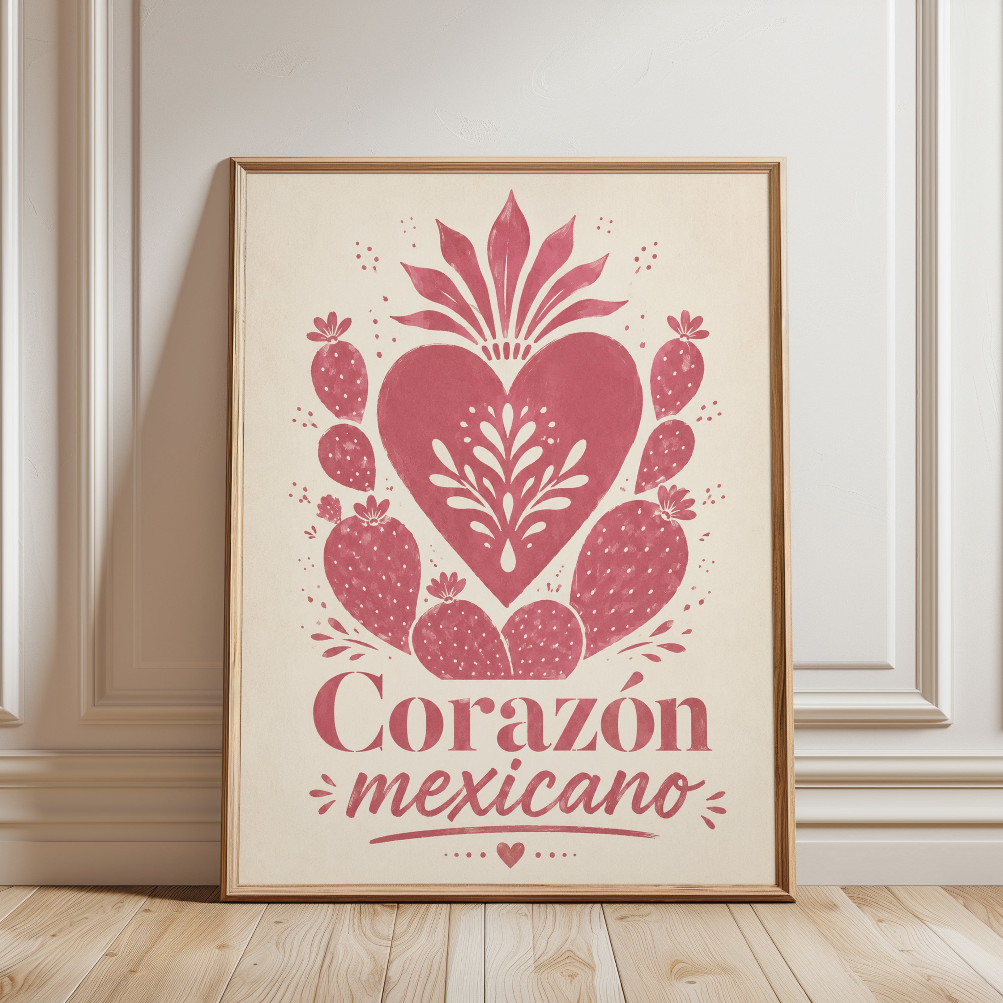 Corazón Mexicano Wall Art: Pink Sacred Heart Folk Design - framed detail