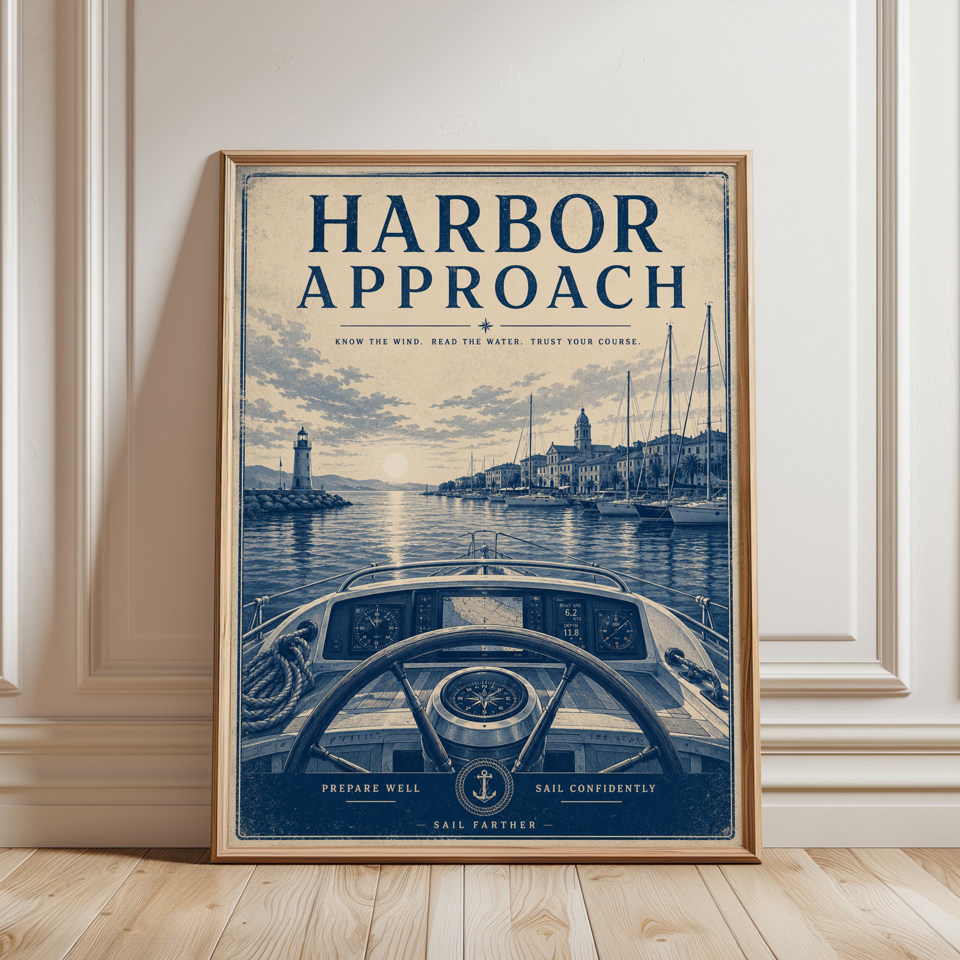 Harbor Approach Poster: Vintage Nautical Blue Sailing Art Print - framed detail