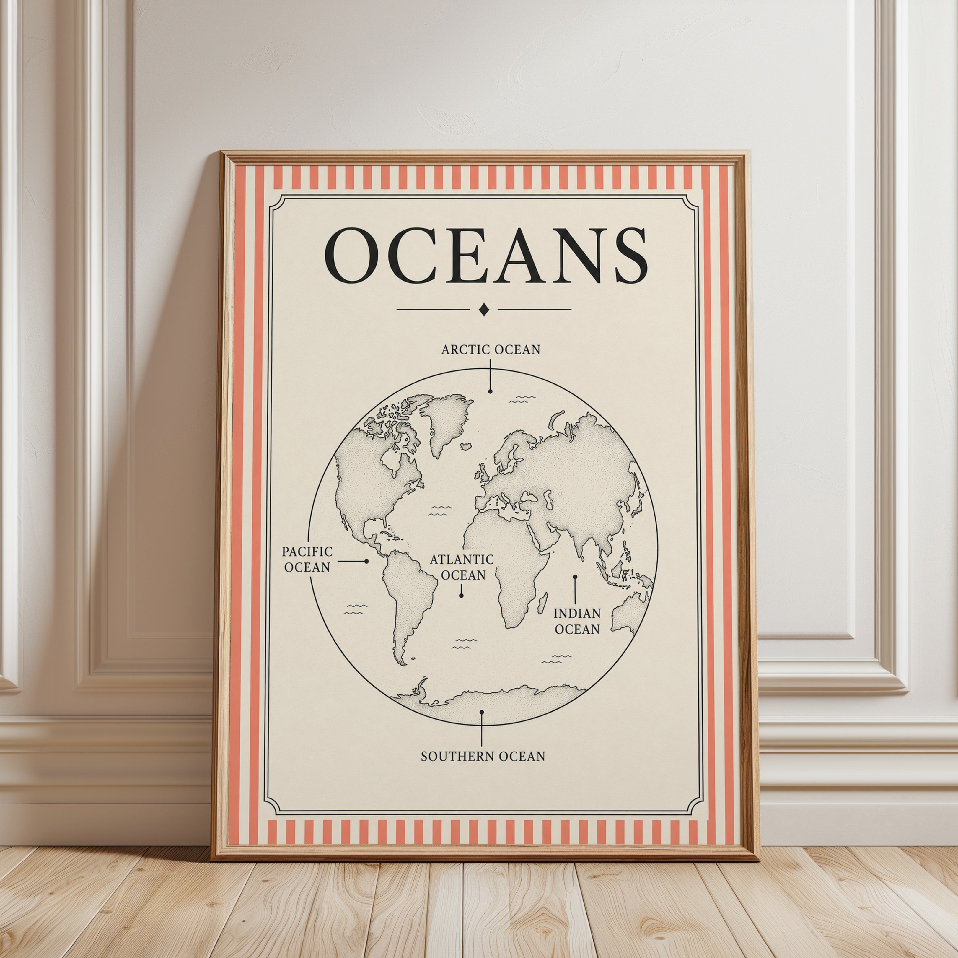 World Map Wall Art – Ocean Globe Print - framed detail