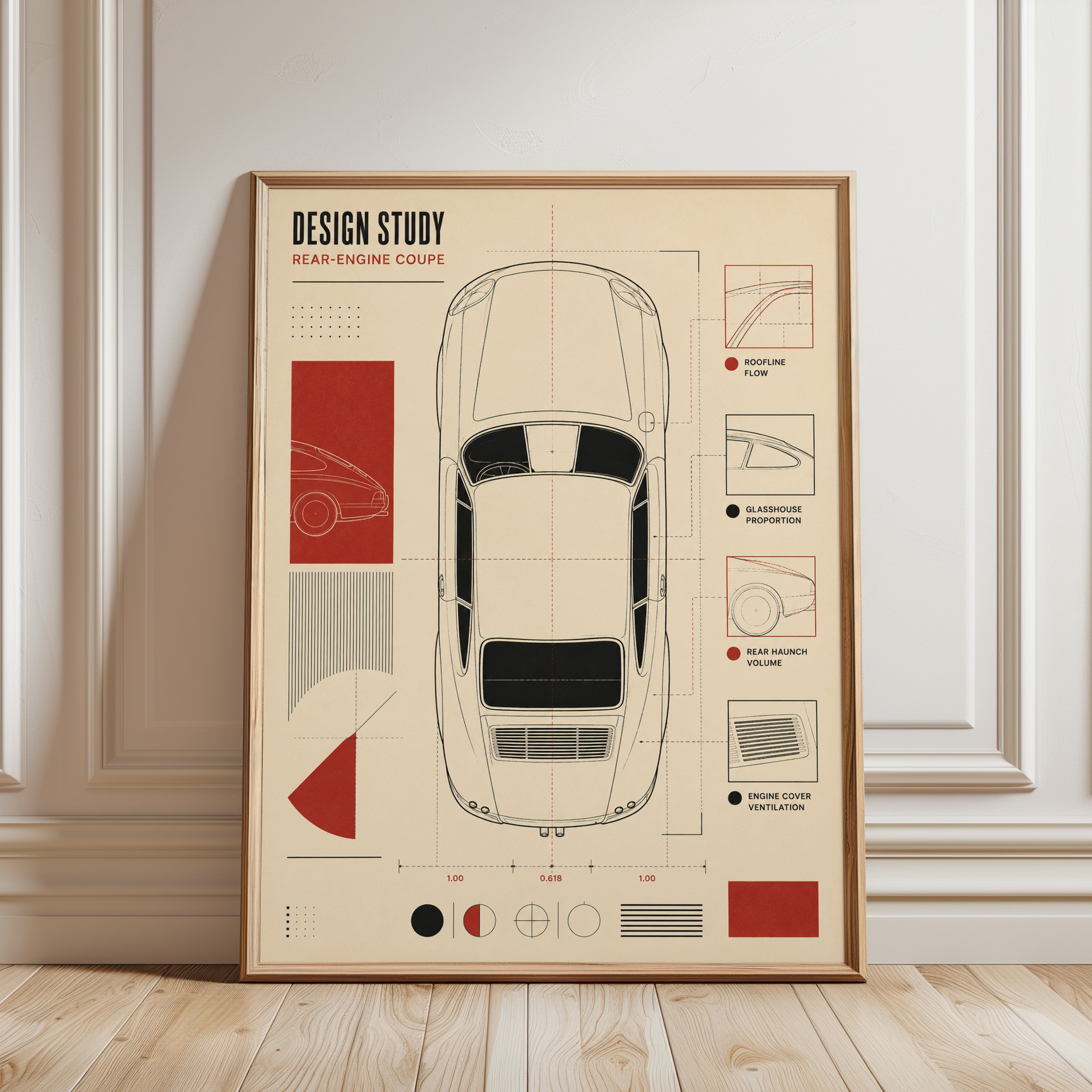 Rear-Engine Coupe Blueprint Print: Vintage Automotive Wall Art - framed detail