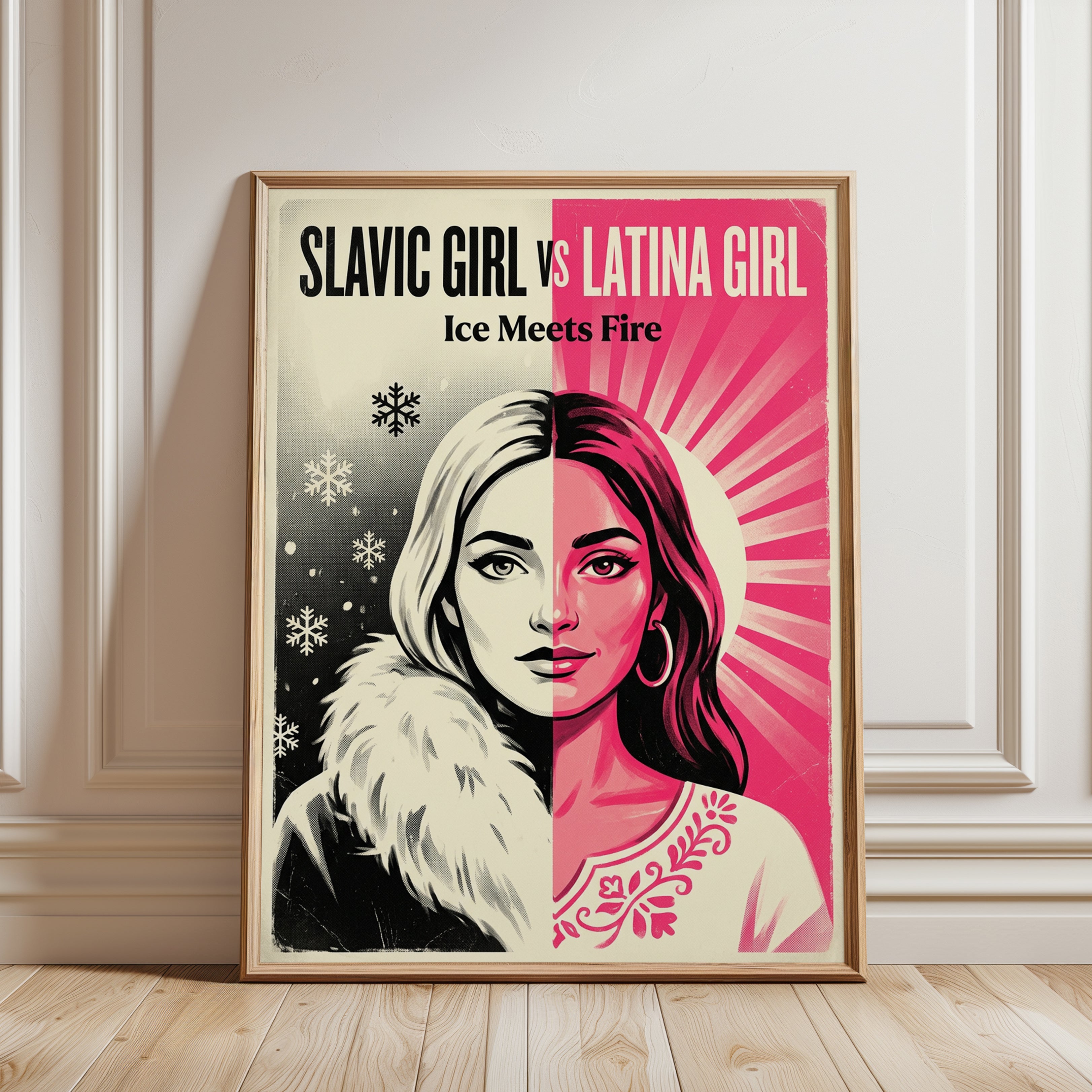 Ice Meets Fire Retro Poster: Split Portrait Pink Black Design - framed detail
