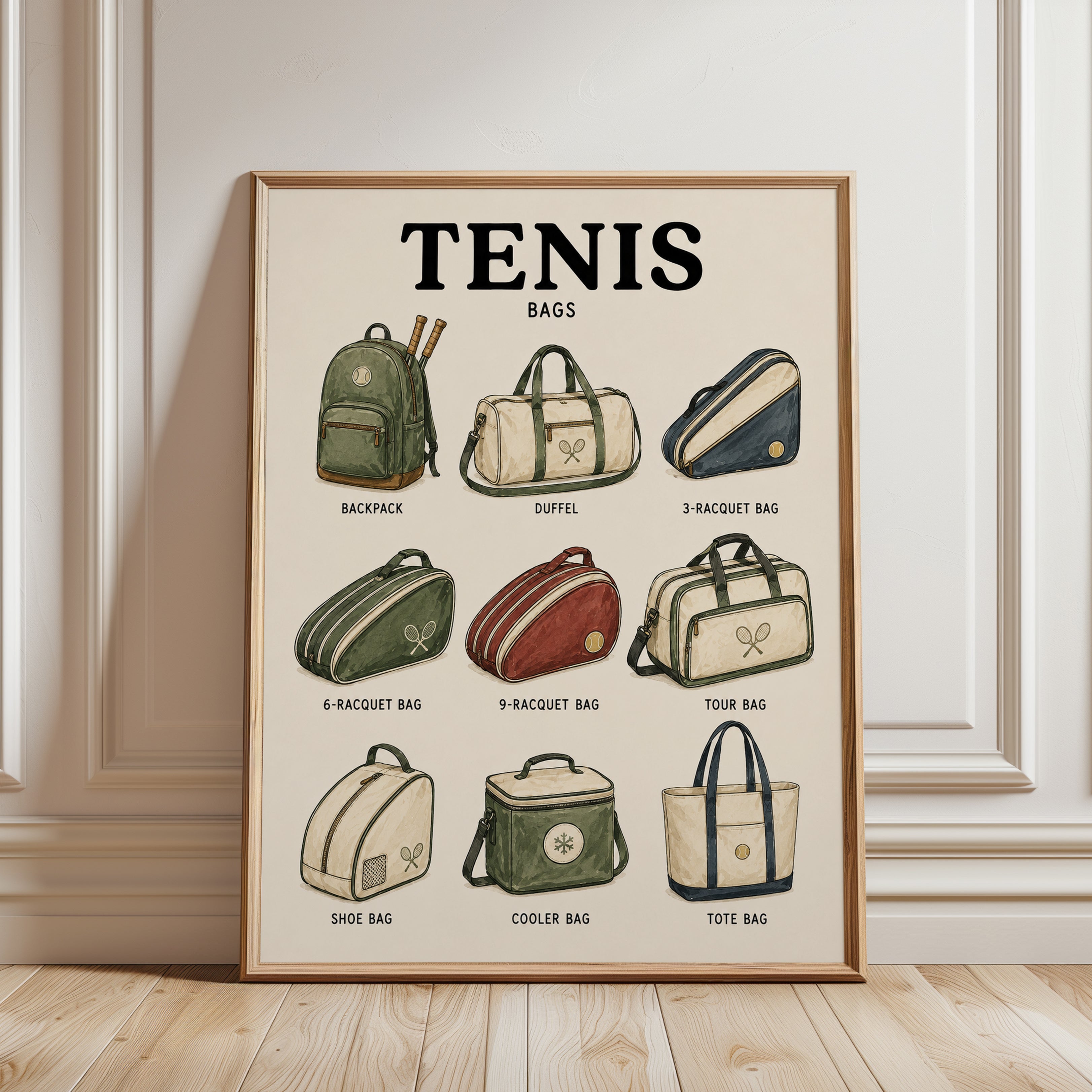 Tennis Bags Art Print — Vintage Sports Illustration - framed detail