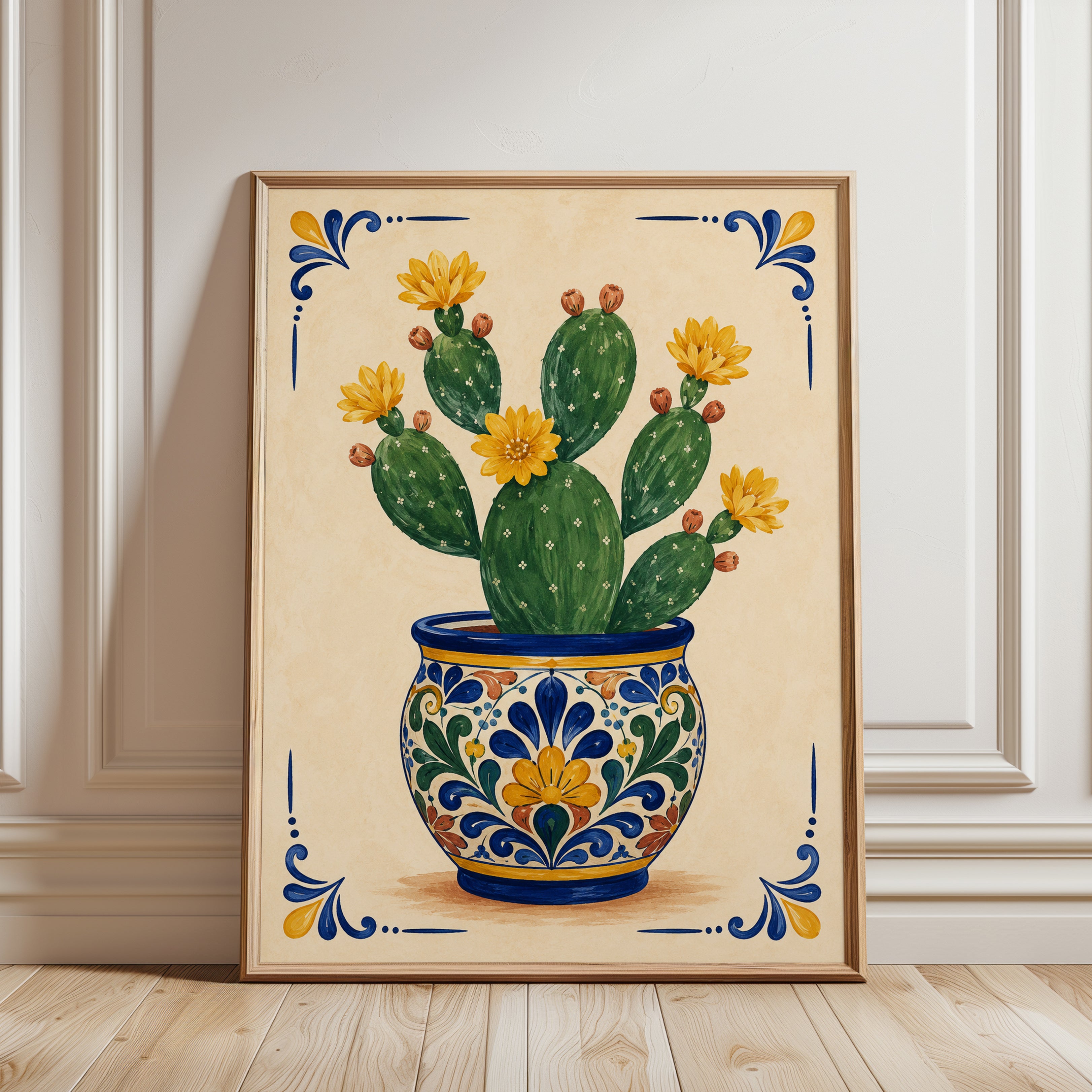 Mexican Tile Cactus Print - framed detail