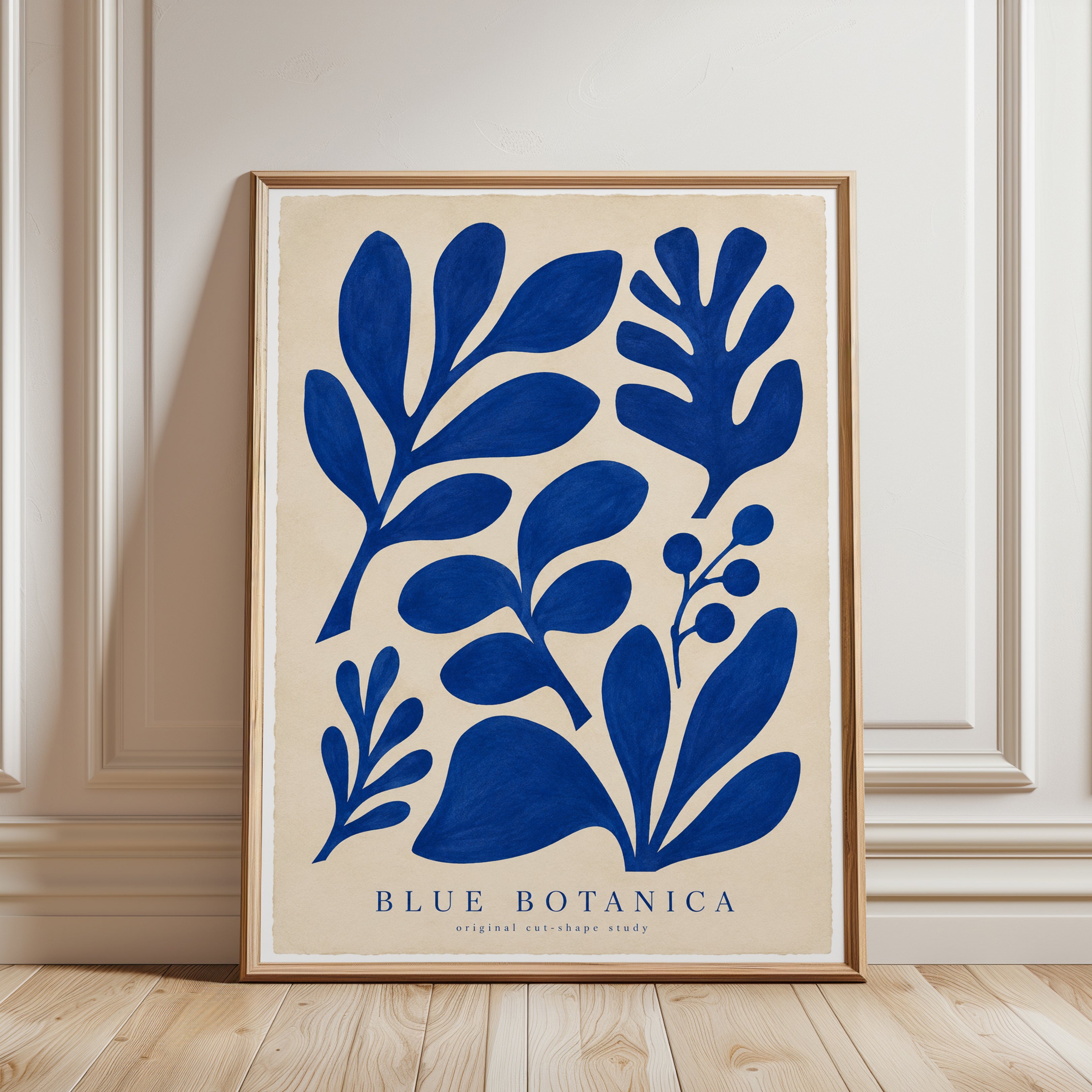 Blue Botanical Print – Minimalist Leaf Wall Art - framed detail