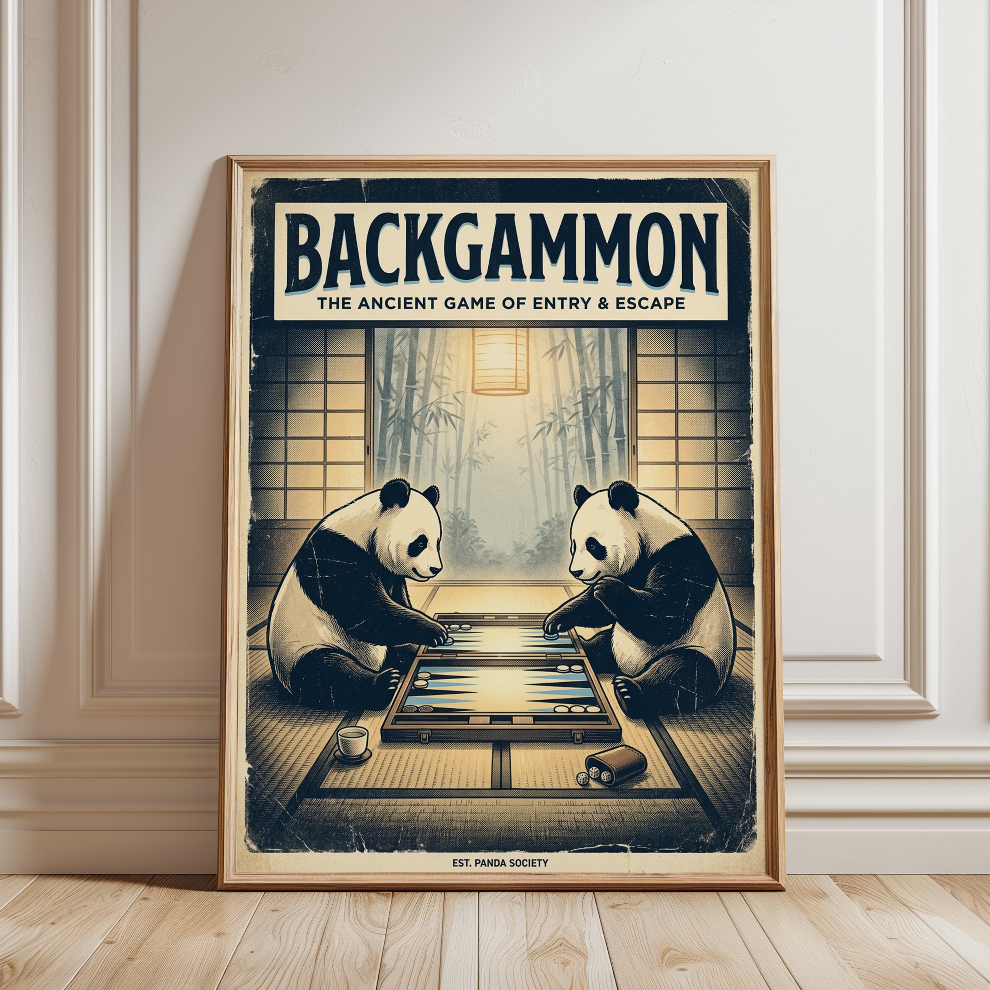Panda Backgammon Print – Vintage Japanese Game Art - framed detail